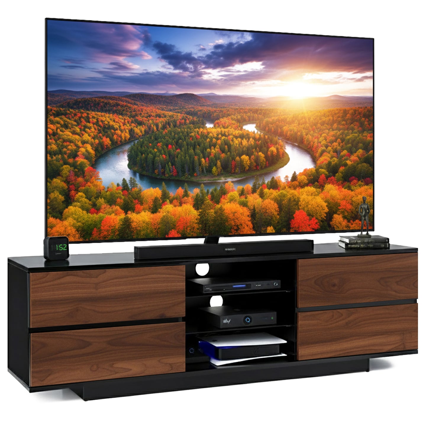 Rackhams Black Avitus Gloss With 4-Walnut Drawers And 3-Shelf 32"-65" Led/Lcd/Plasma Tv Stand