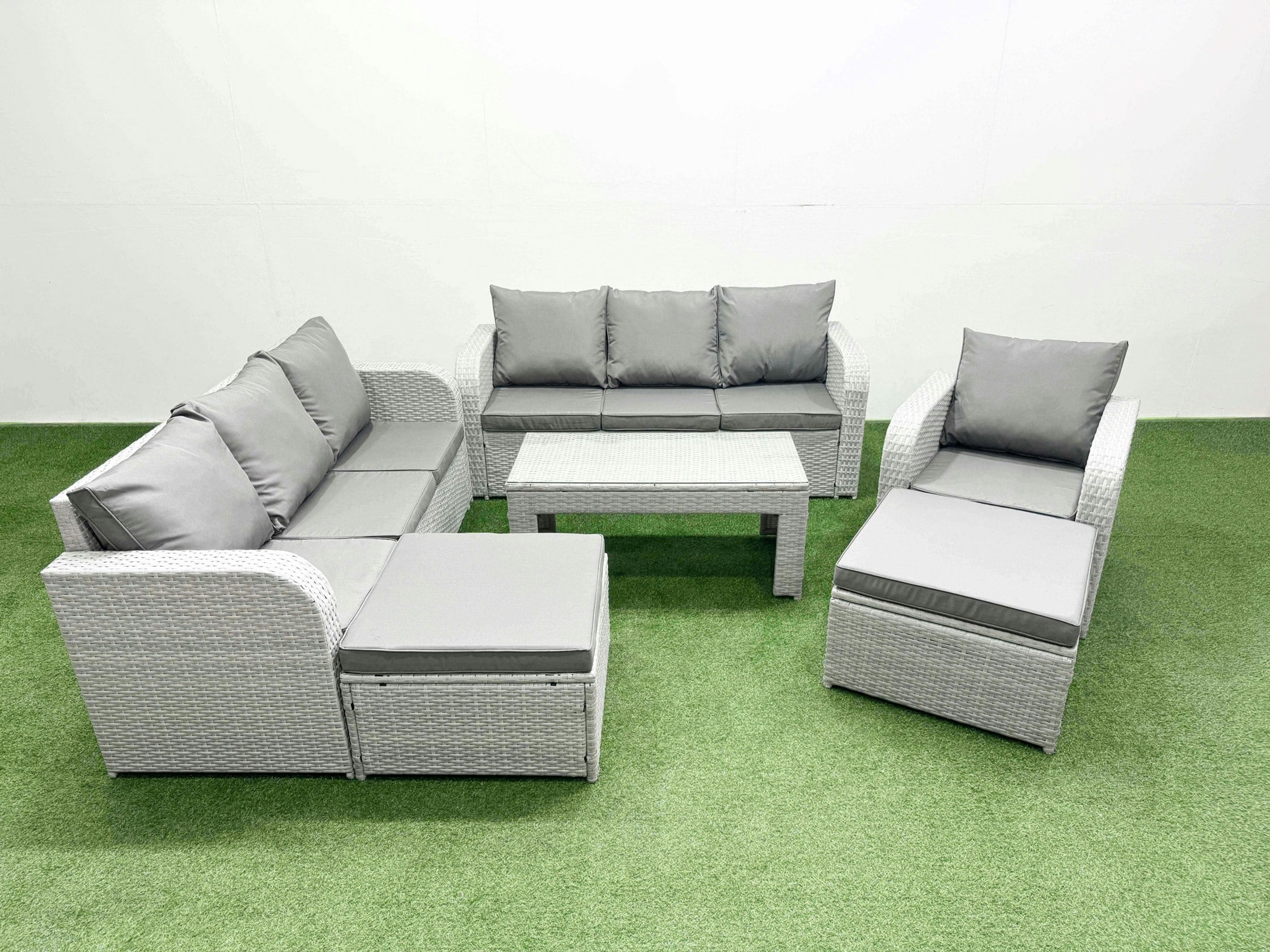 Fimous Light/Grey 9-Seater Poly Rattan Garden Furniture Set - Outdoor Patio Sofa With Oblong Coffee Table & 2 Big Footstools