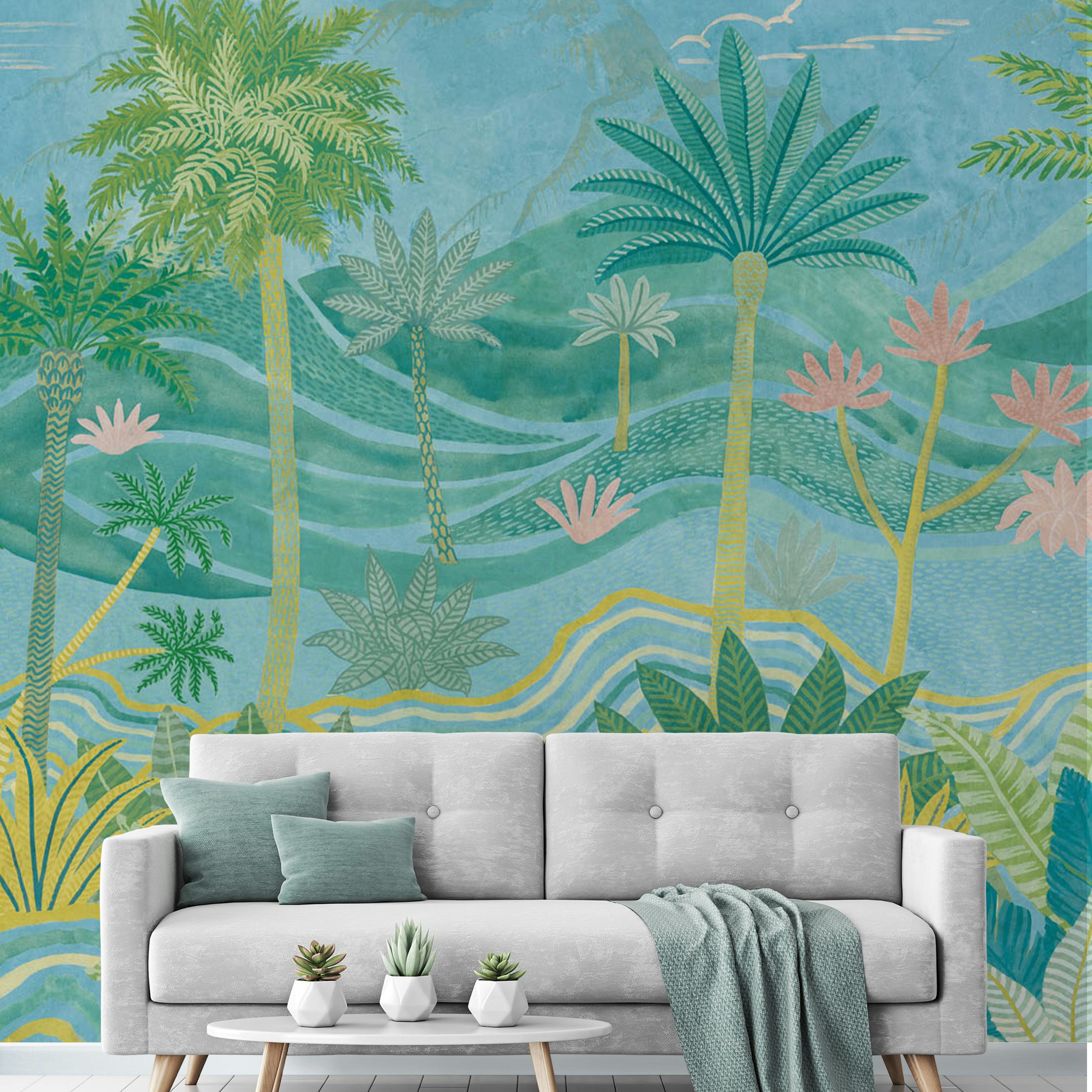 Rackhams Blue Palm Spring Landscape Scene 7 Panel Repeatable Textured Mural, 3.71 X 2.8M,