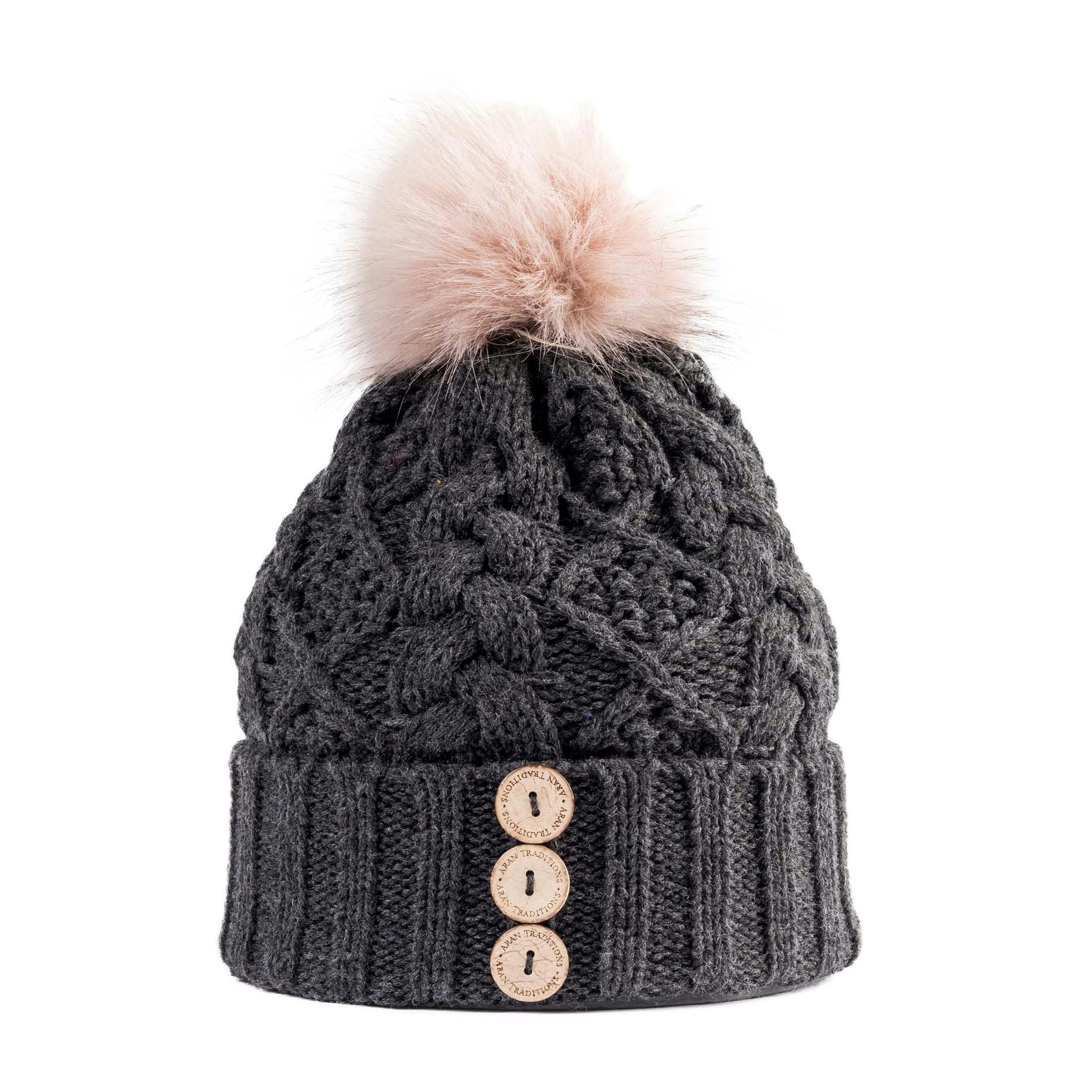 Aran Traditions Aran Diamond Cable Button Hat - Charcoal