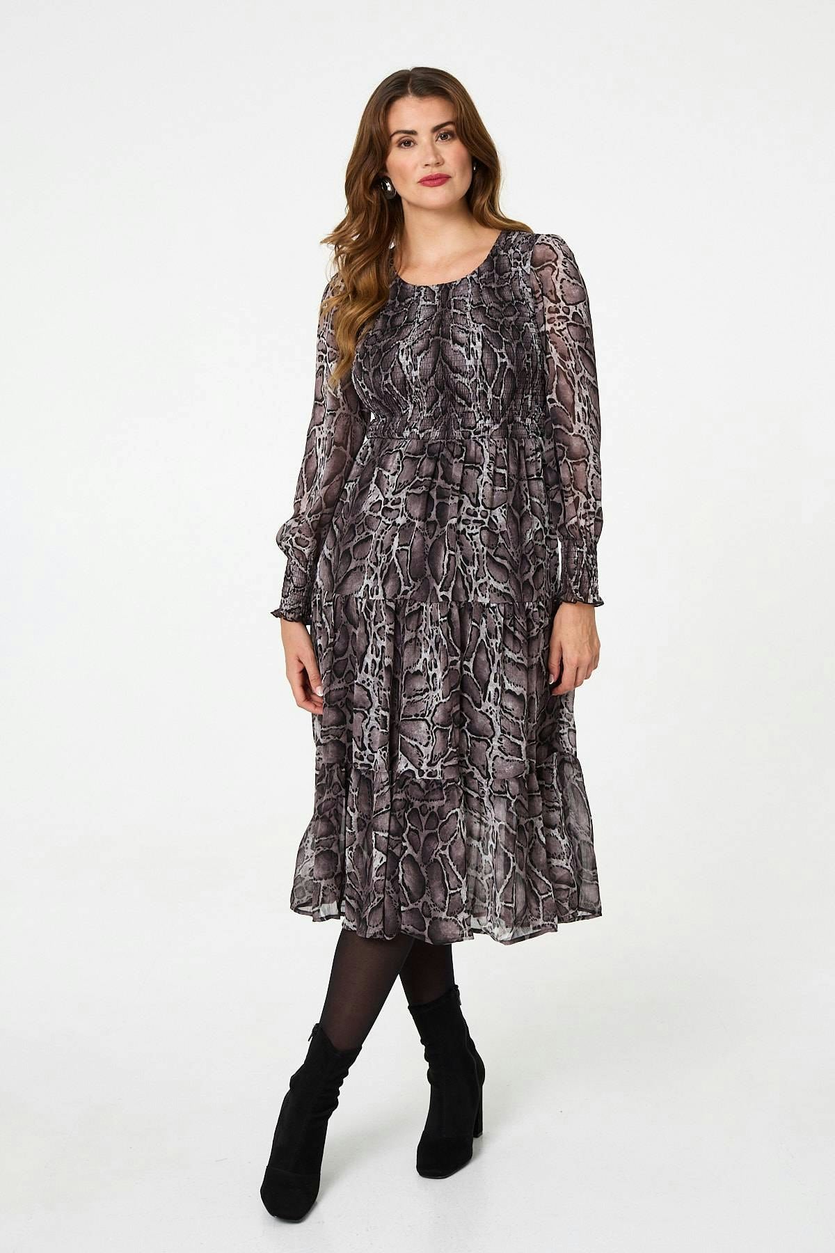 Izabel London Black Snake Print Smocked Midi Tiered Dress - 8