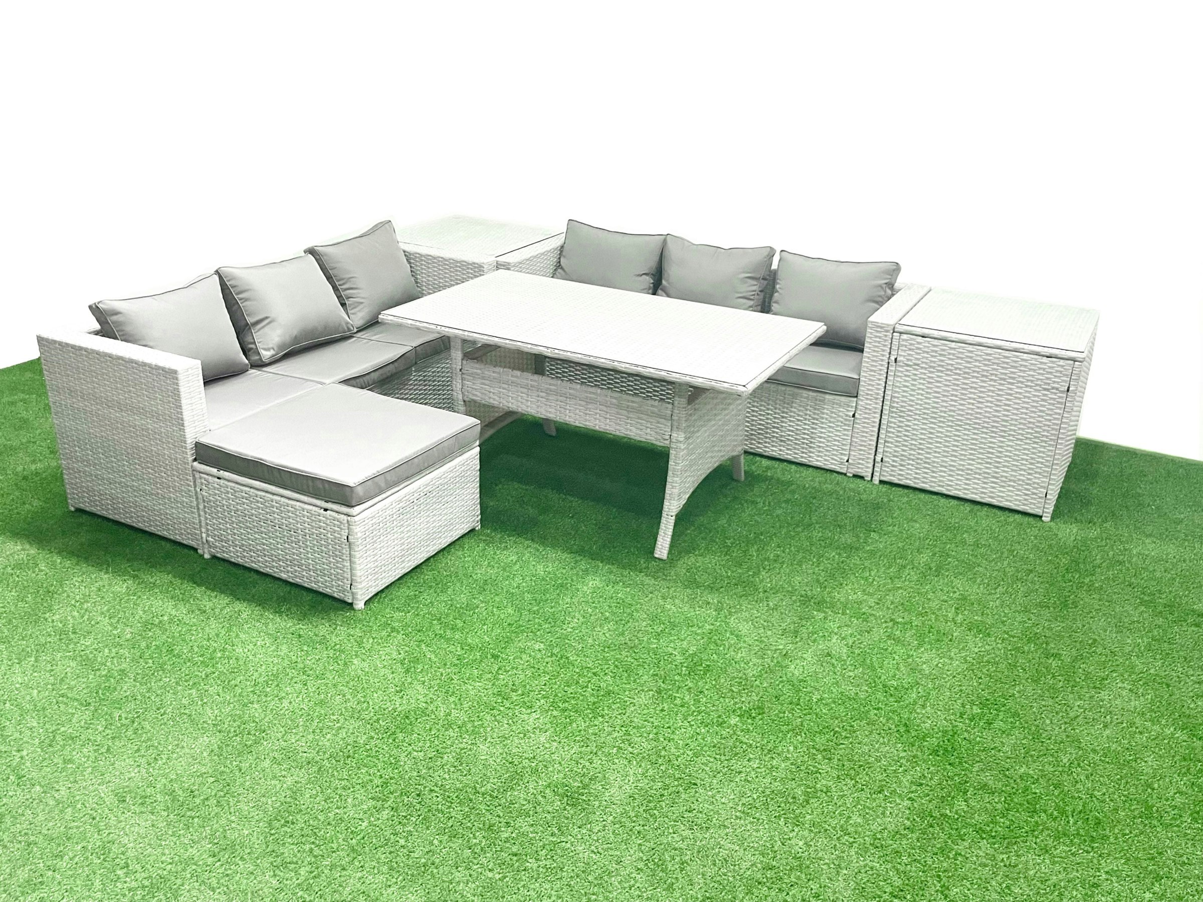 Rackhams Light/Grey Rattan Garden Furniture Set 7 Seater Outdoor Sofa Set With Dining Table 2 Side Tables Big Footstool Mixed