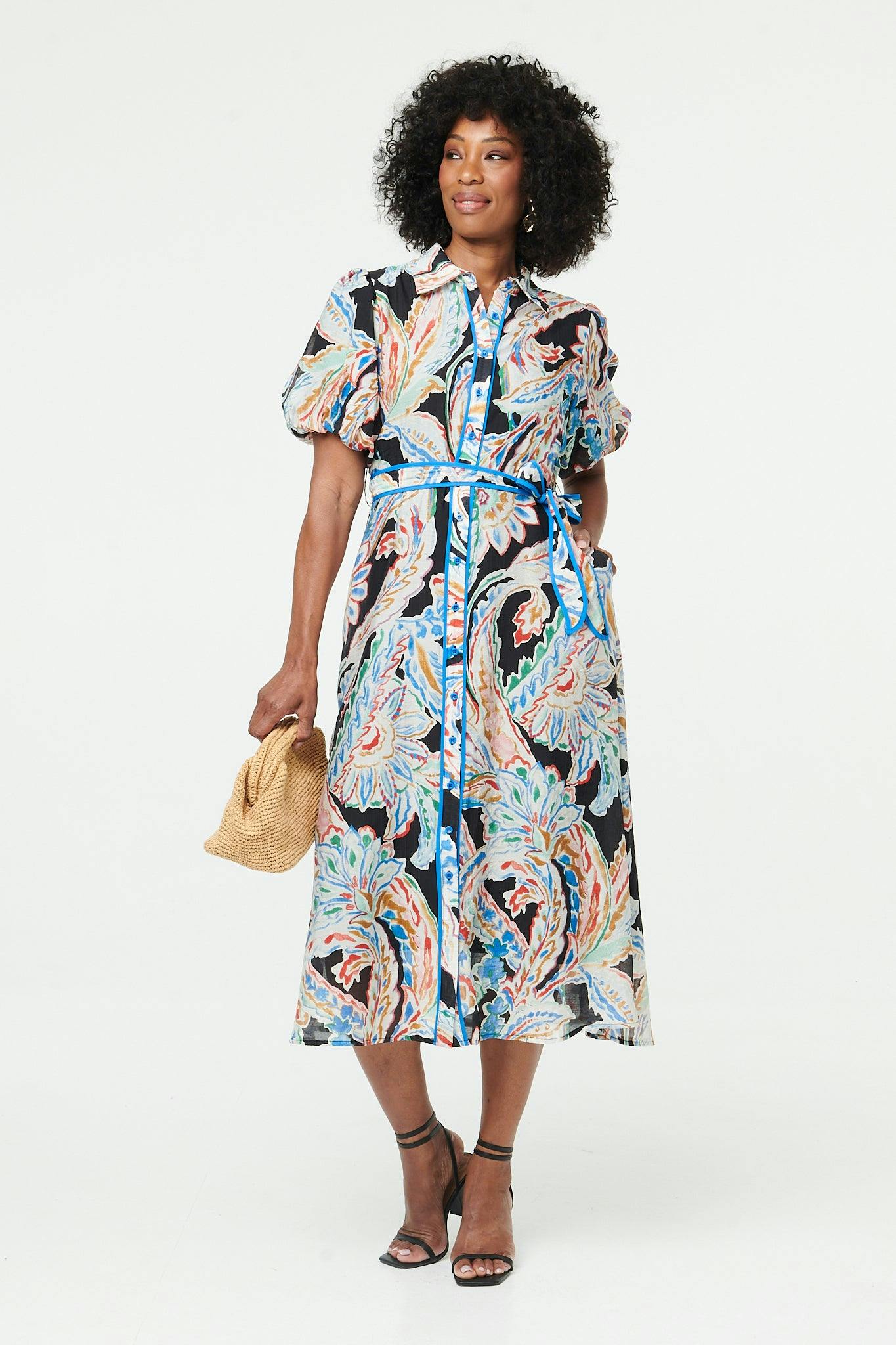 Izabel London Black Floral A-Line Tie Waist Midi Shirt Dress - 14