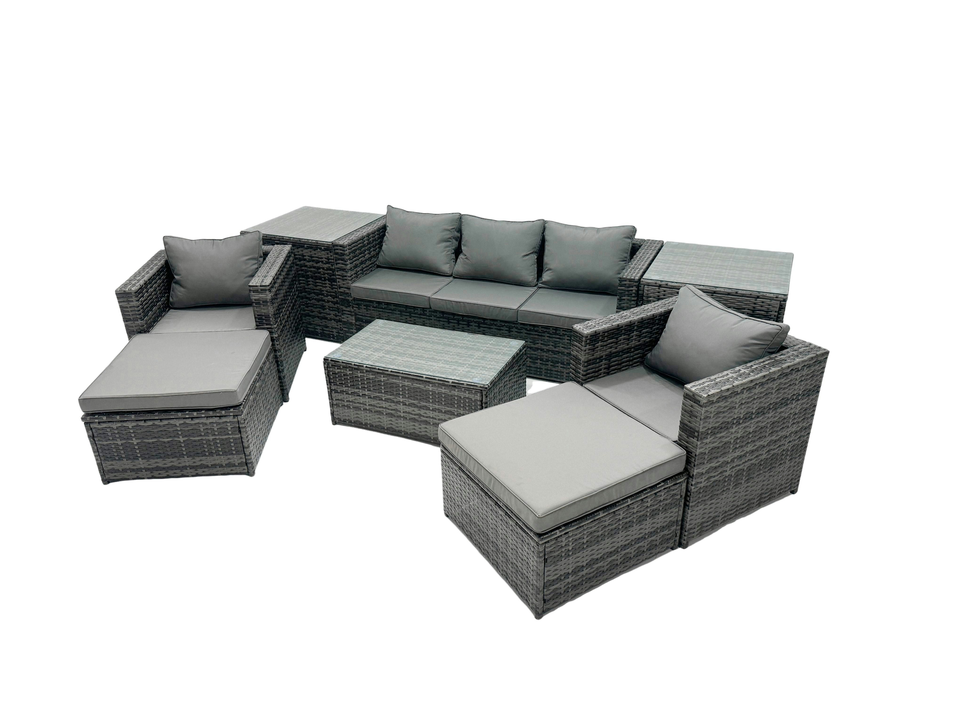 Rackhams Dark/Grey Outdoor Coffee Table Sofa Armchair Set With 2 Side Tables 2 Big Stools Garden Furniture Set Mixed