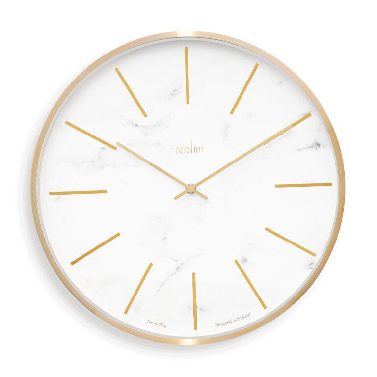 Acctim Golden/Light Luxe Wall Clock Quartz Brushed Metal Embossed Batons Brass Hands Marble 40Cm