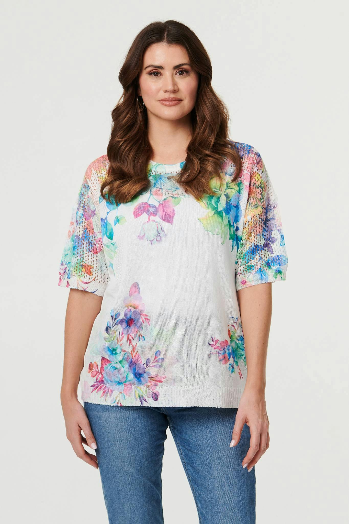 Izabel London White Floral Knit Textured Relaxed Top - M