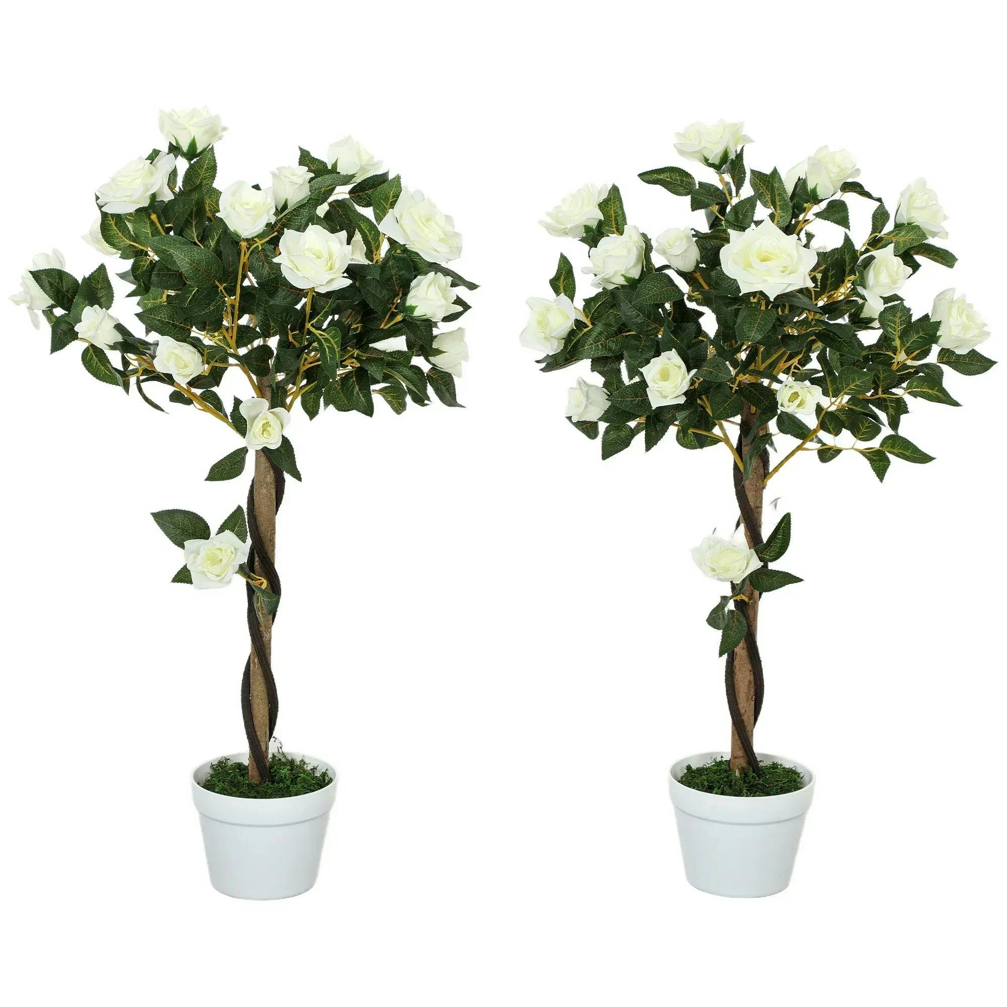 Outsunny White Set Of 1/2 90Cm Artificial Rose Tree, Fake Decorative Plant - Image 7