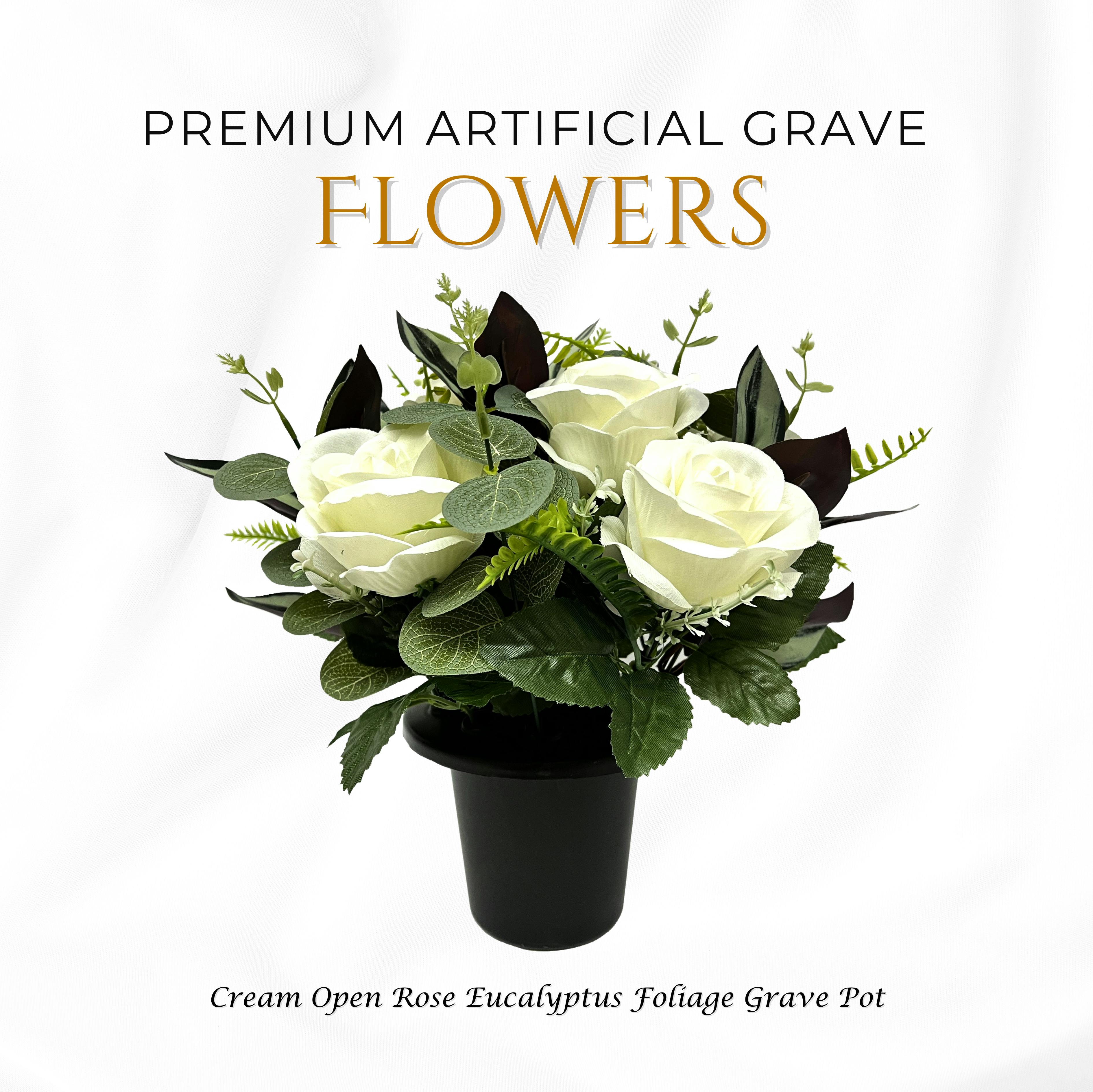 Memorials Direct Cream Premium Artificial Grave Flowers – Open Roses With Eucalyptus (25Cm) | Memorial Vase Pot