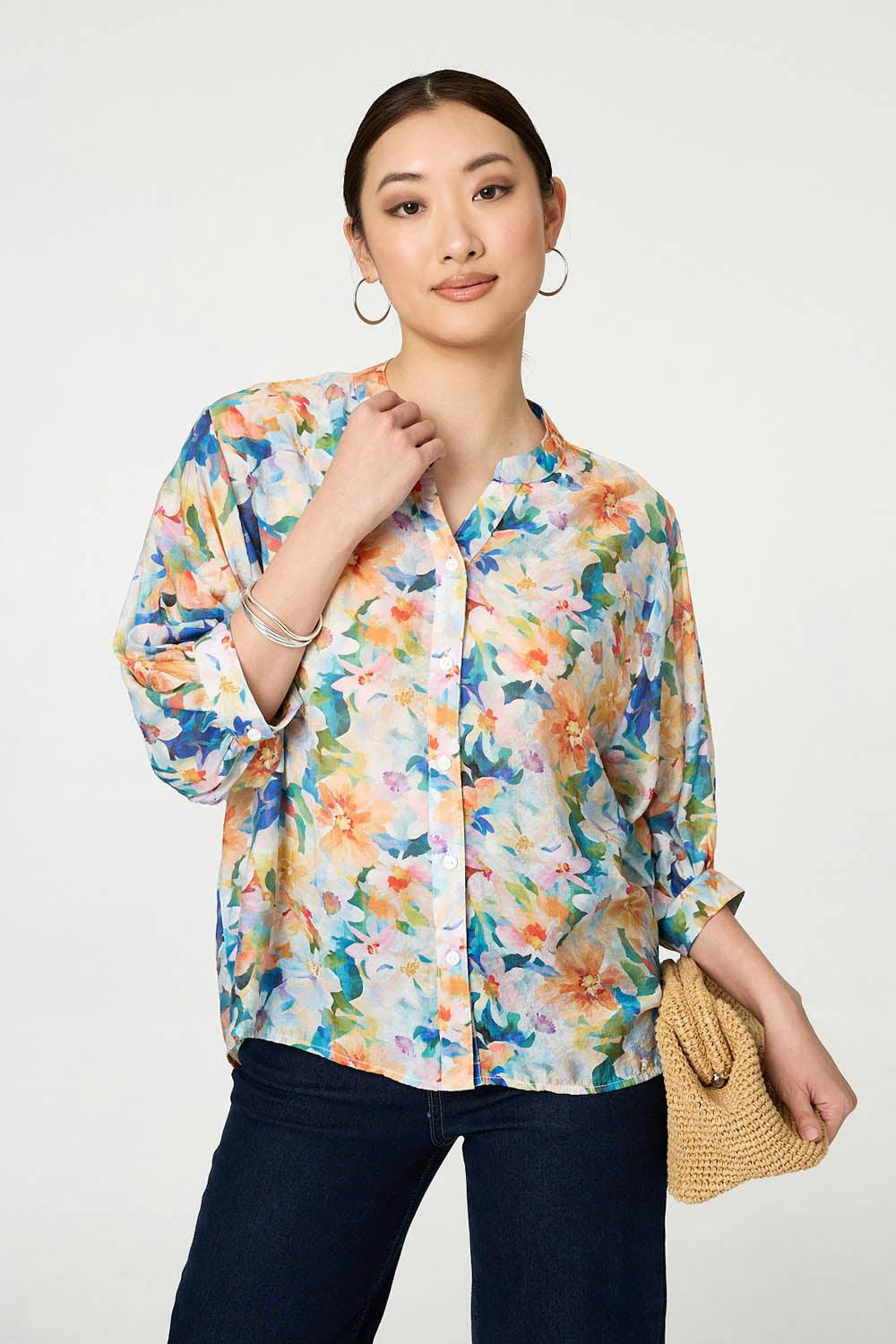 Izabel London Blue Floral 3/4 Sleeve Relaxed Button Blouse - 16