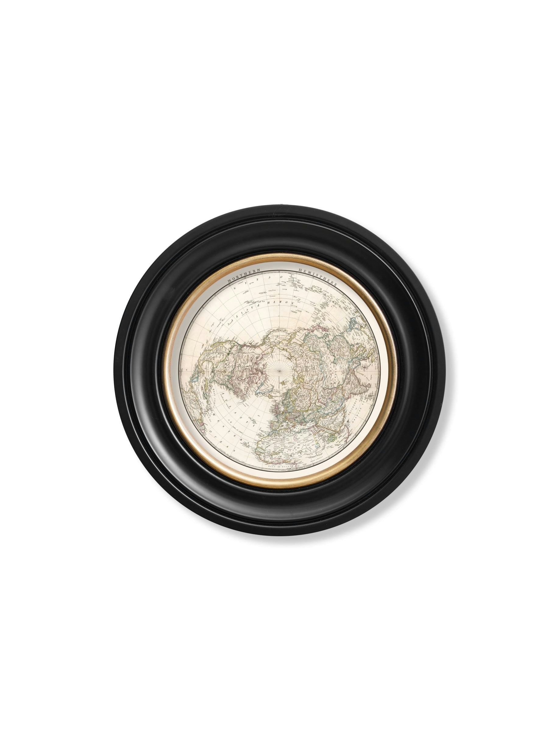 Rackhams Black C.1838 World Map Hemispheres In Round Frames - 44 X44cm - Northern Hemisphere