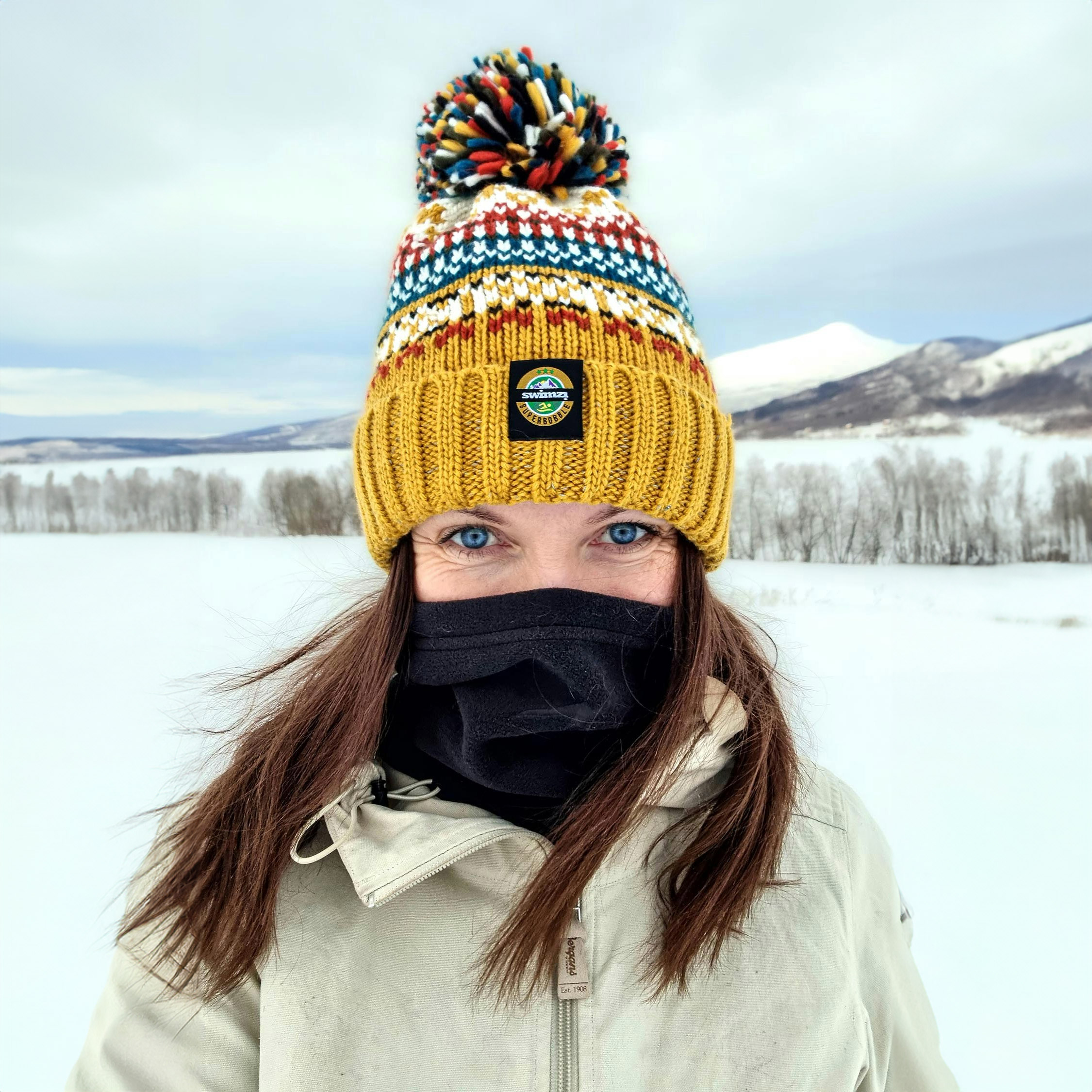 Superbobble Unisex Red/Blue/Black Nordic Knit Reflective Beanie Bobble Hat - Mustard
