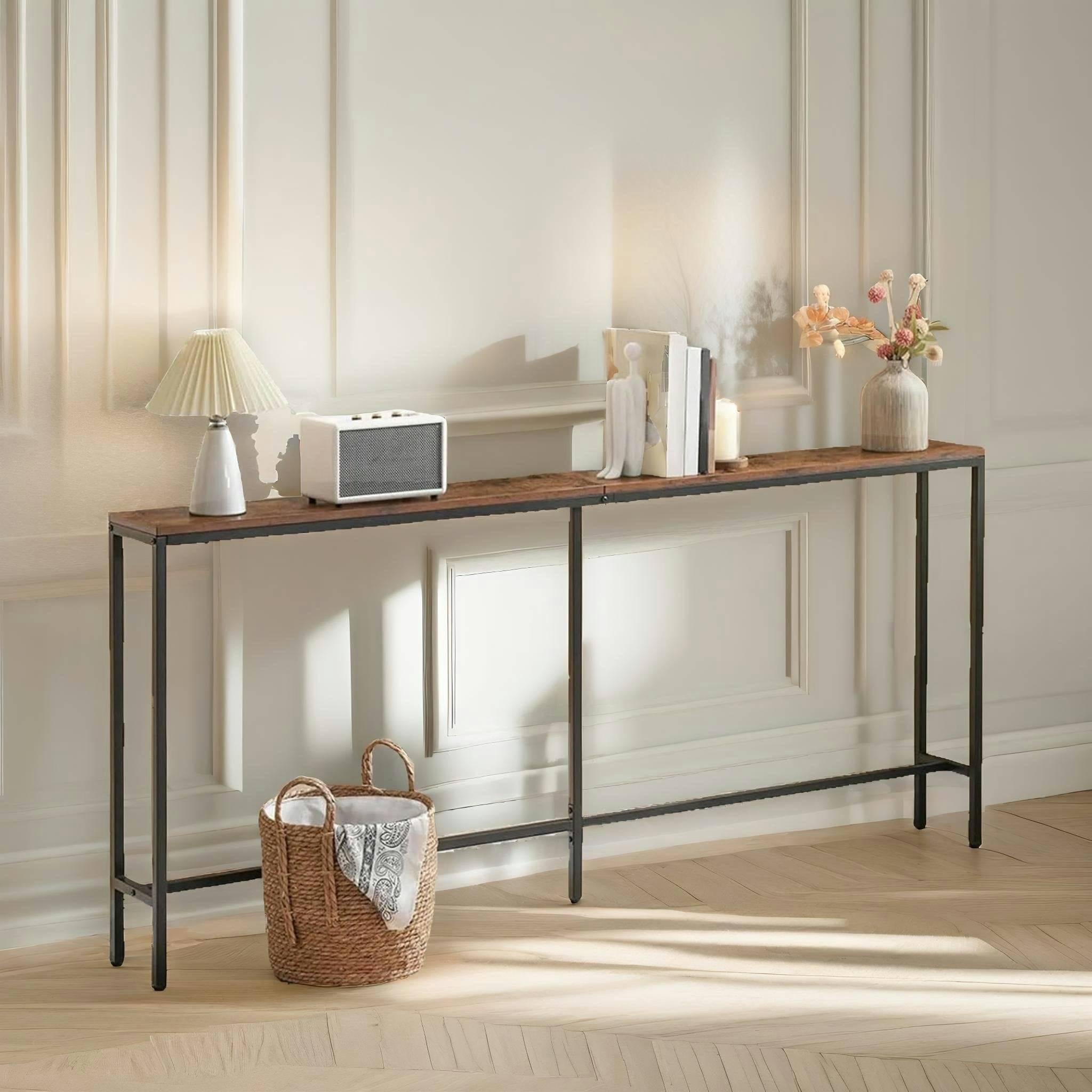 Rafaelo Mobilia Brown Wide Narrow Hallway Slim Console Table Rustic