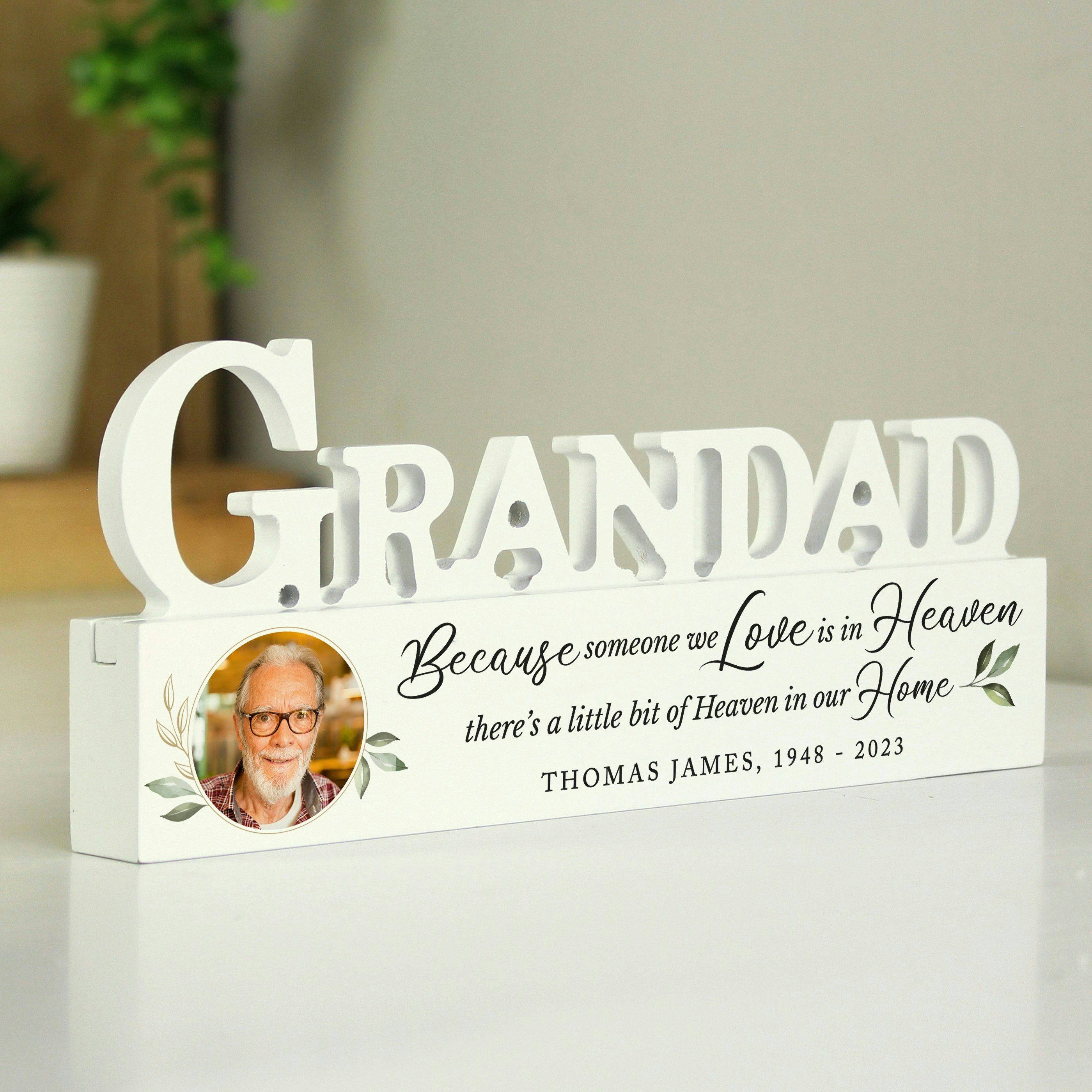 Rackhams Personalised Botanical Memorial Photo Upload Wooden Grandad Ornament