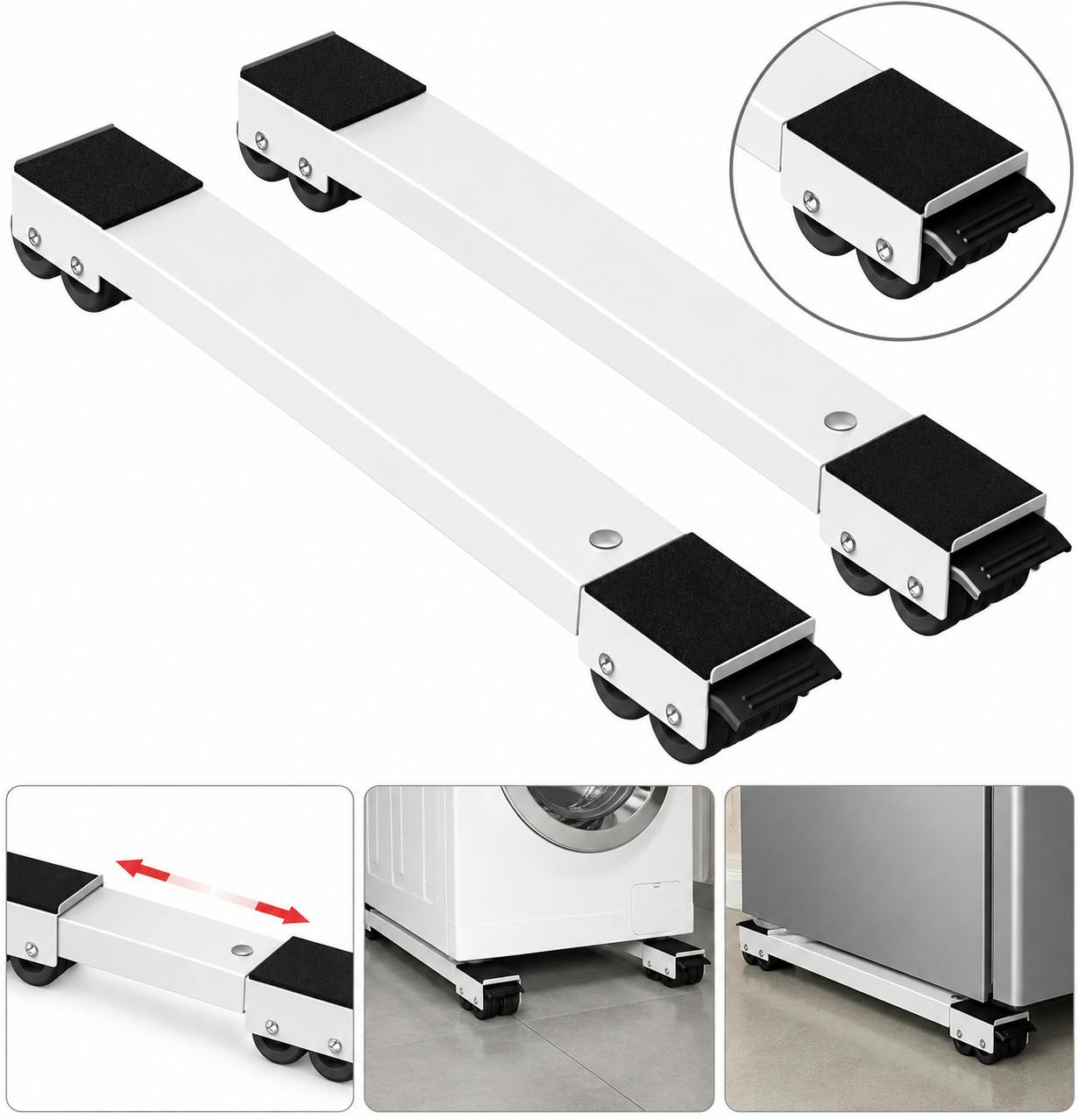 Atek White 2 Pack Extendable Appliance Furniture Rollers Heavy Duty 300Kg
