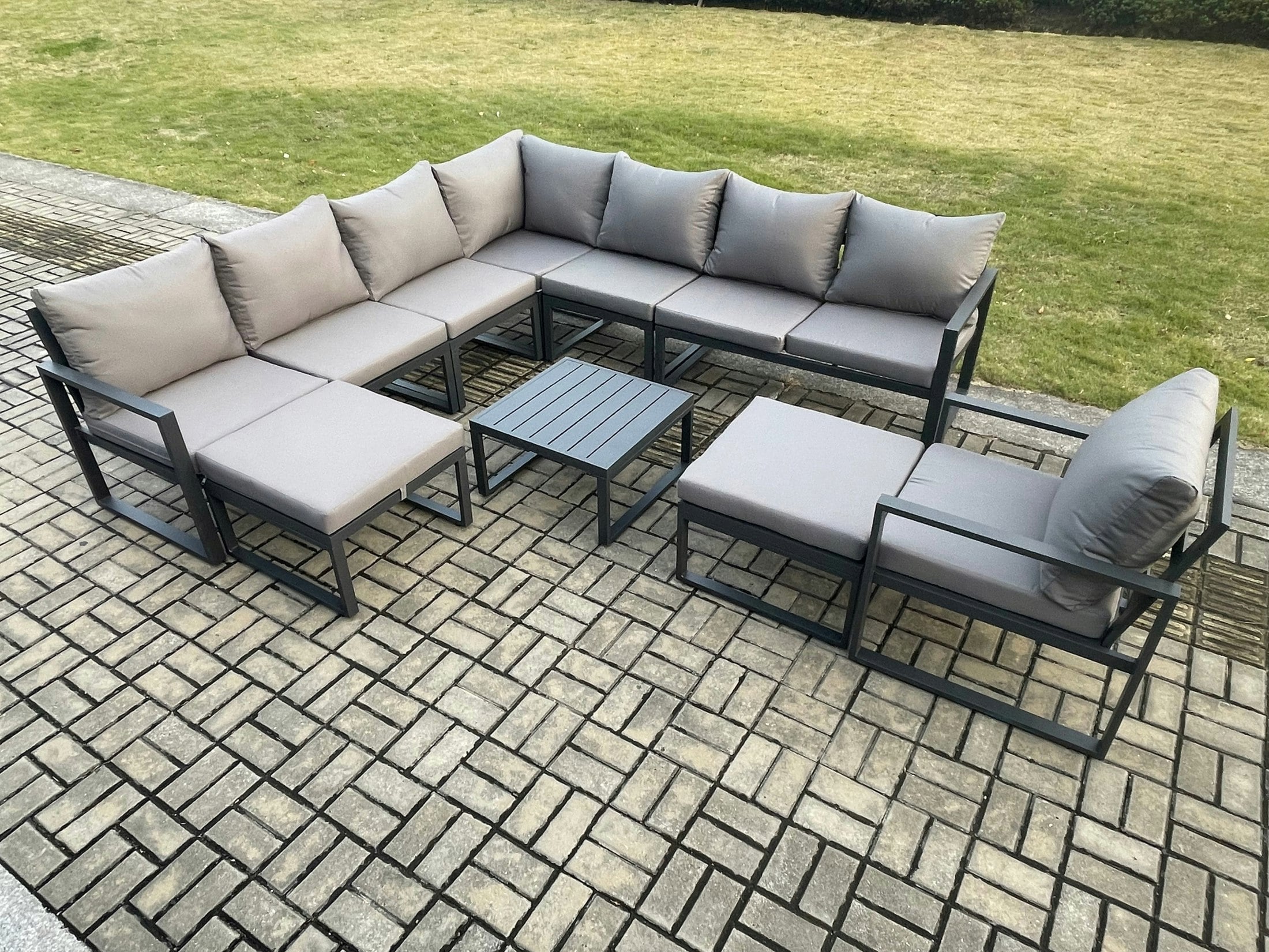 Fimous Dark/Grey Aluminium Outdoor Garden Furniture Set Lounge Corner Sofa Chair Square Coffee Table Sets With 2 Big Footstools