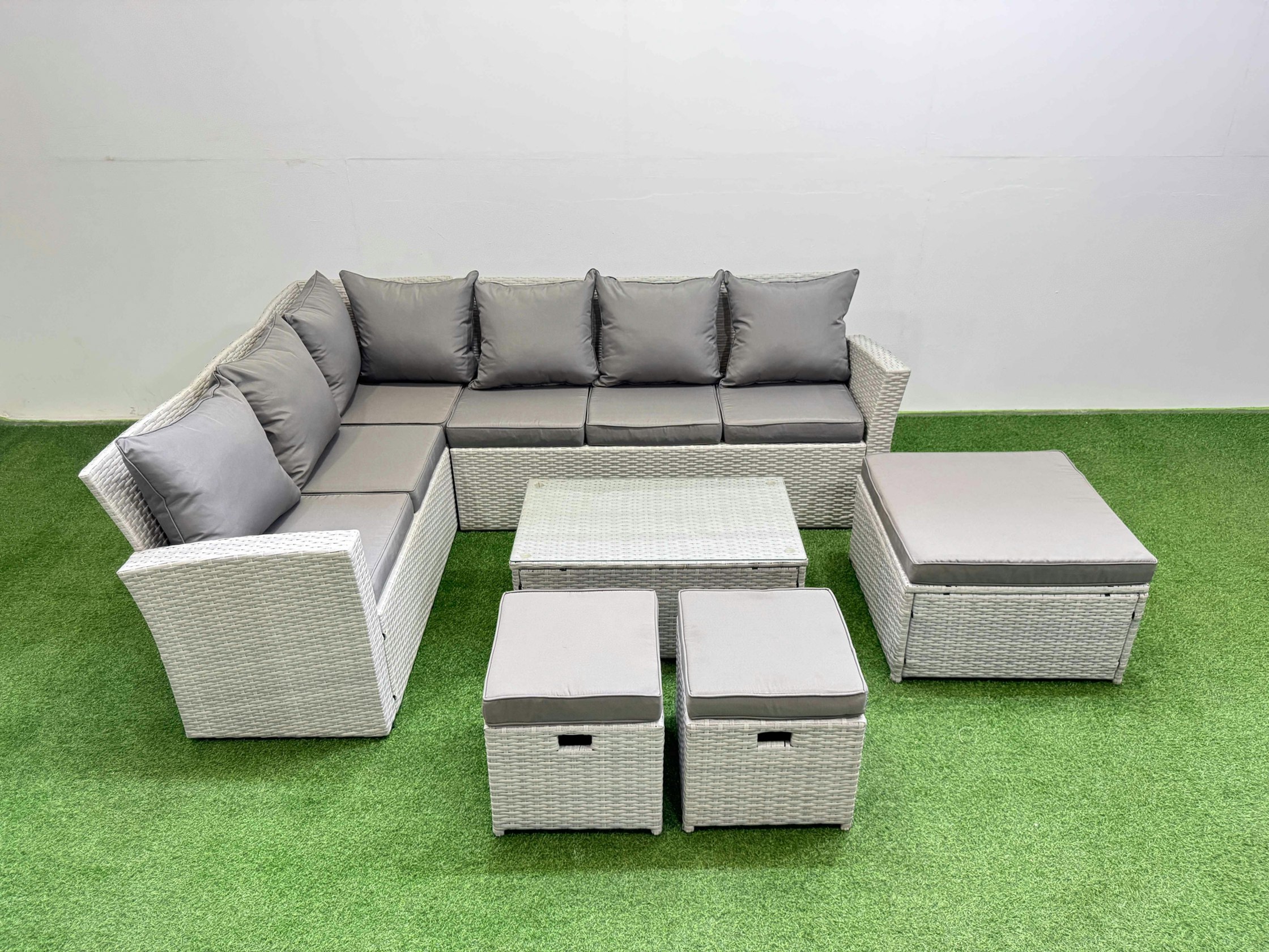 Rackhams Light/Grey 9 Seater Garden Outdoor Pe Rattan Furniture Set Rattan Garden Sofa Set With Oblong Coffee Table Mixed