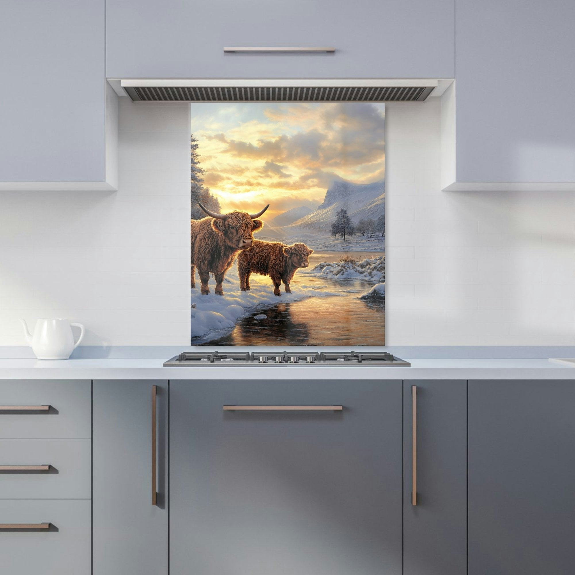 Warren Reed - Designer Highland Cows By The Lake Kitchen Splashback - W600mm X H750mm
