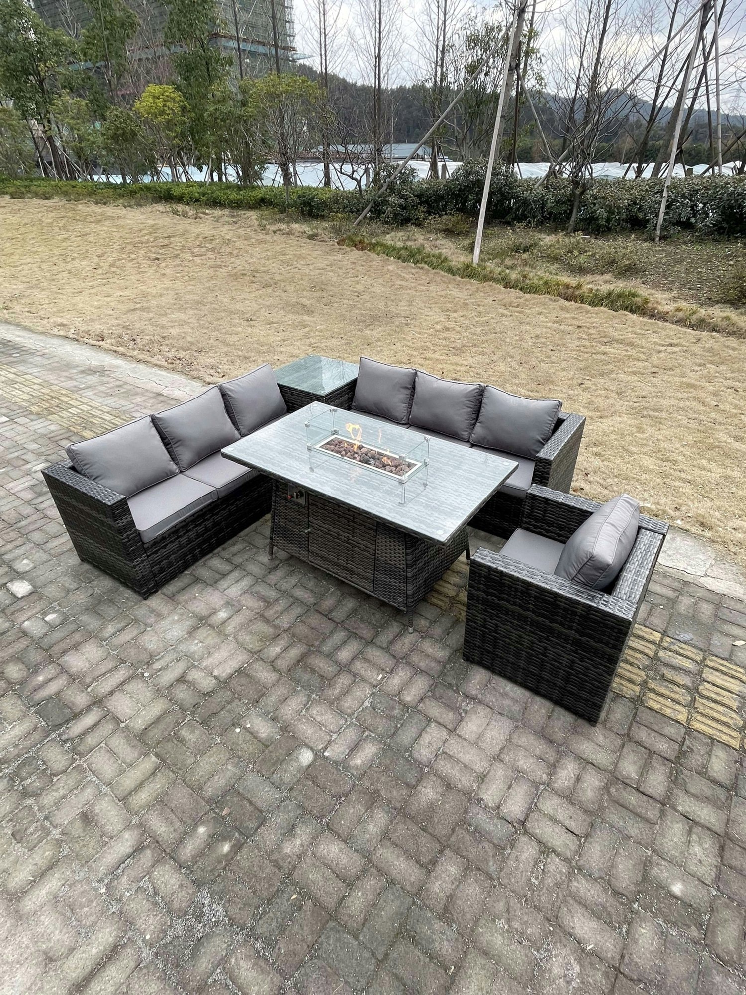 Rackhams Dark/Grey 7 Seater Pe Rattan Corner Sofa Set Garden Furniture Gas Fire Pit Dining Table Set High Side Coffee Table With Arm Chair