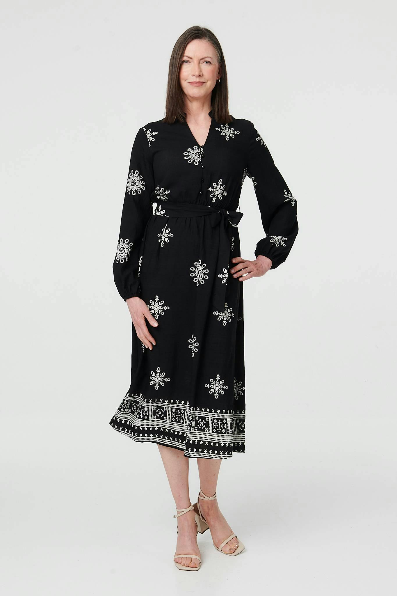 Izabel London Black Border Print Tie Waist Midi Wrap Dress - 16