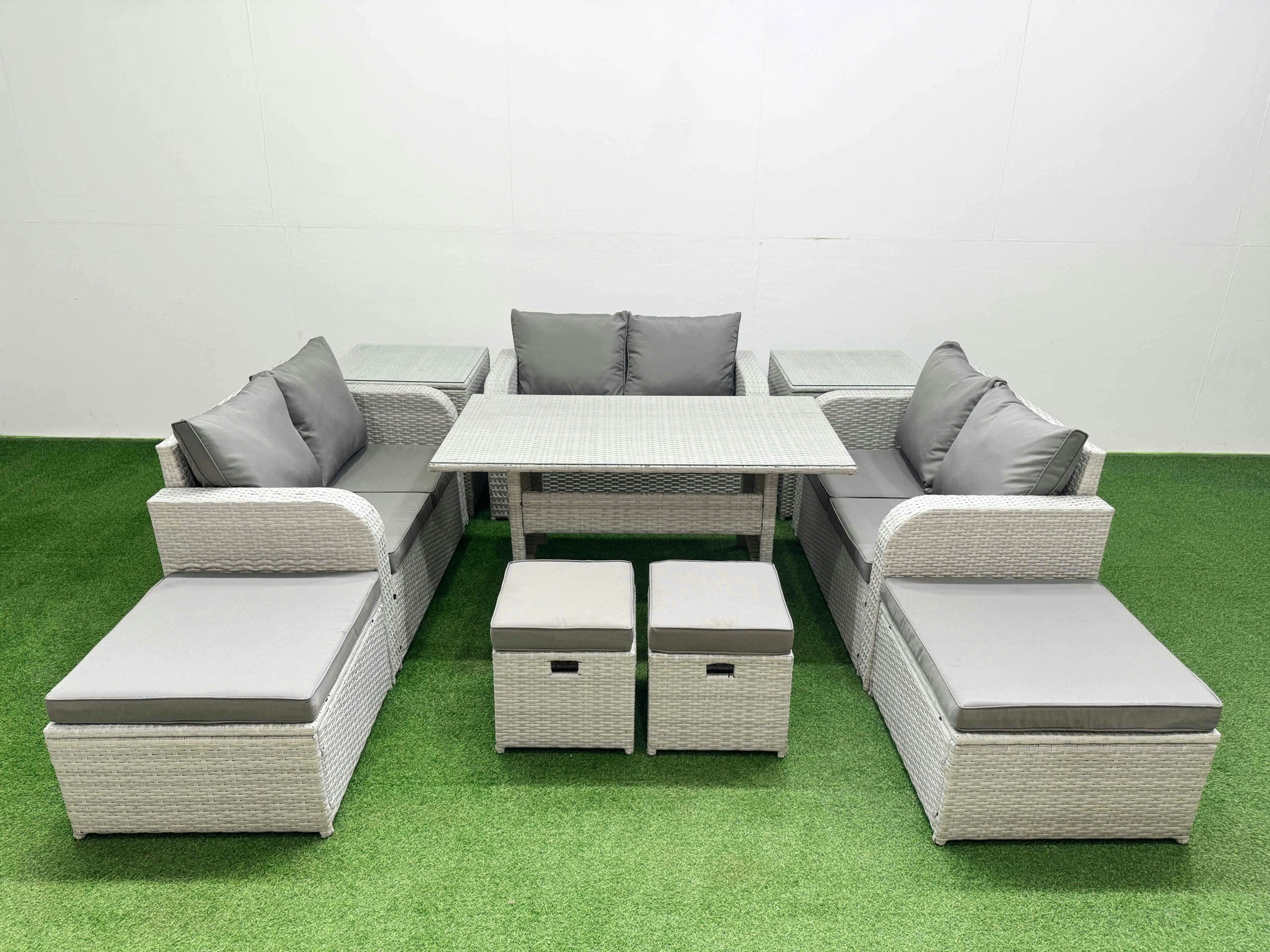 Rackhams Light/Grey Rattan 10 Seater Outdoor Garden Furniture Set With Dining Table Love Sofa 2 Big Footstools 2 Small Stool 2 Side Tables
