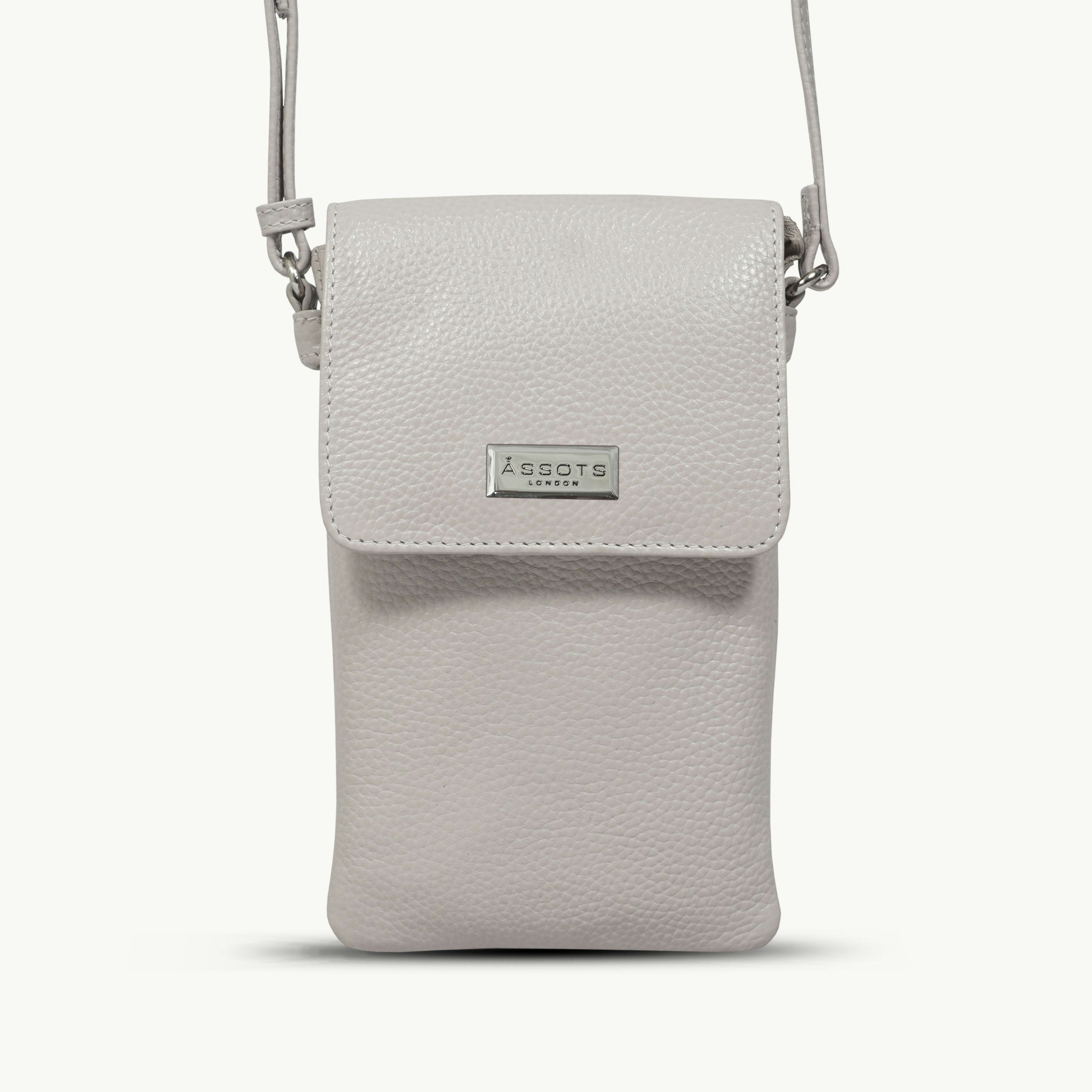Assots London Grey/Grain 'Maria' Nudish Ice Pebble Real Leather Crossbody Phone Bag