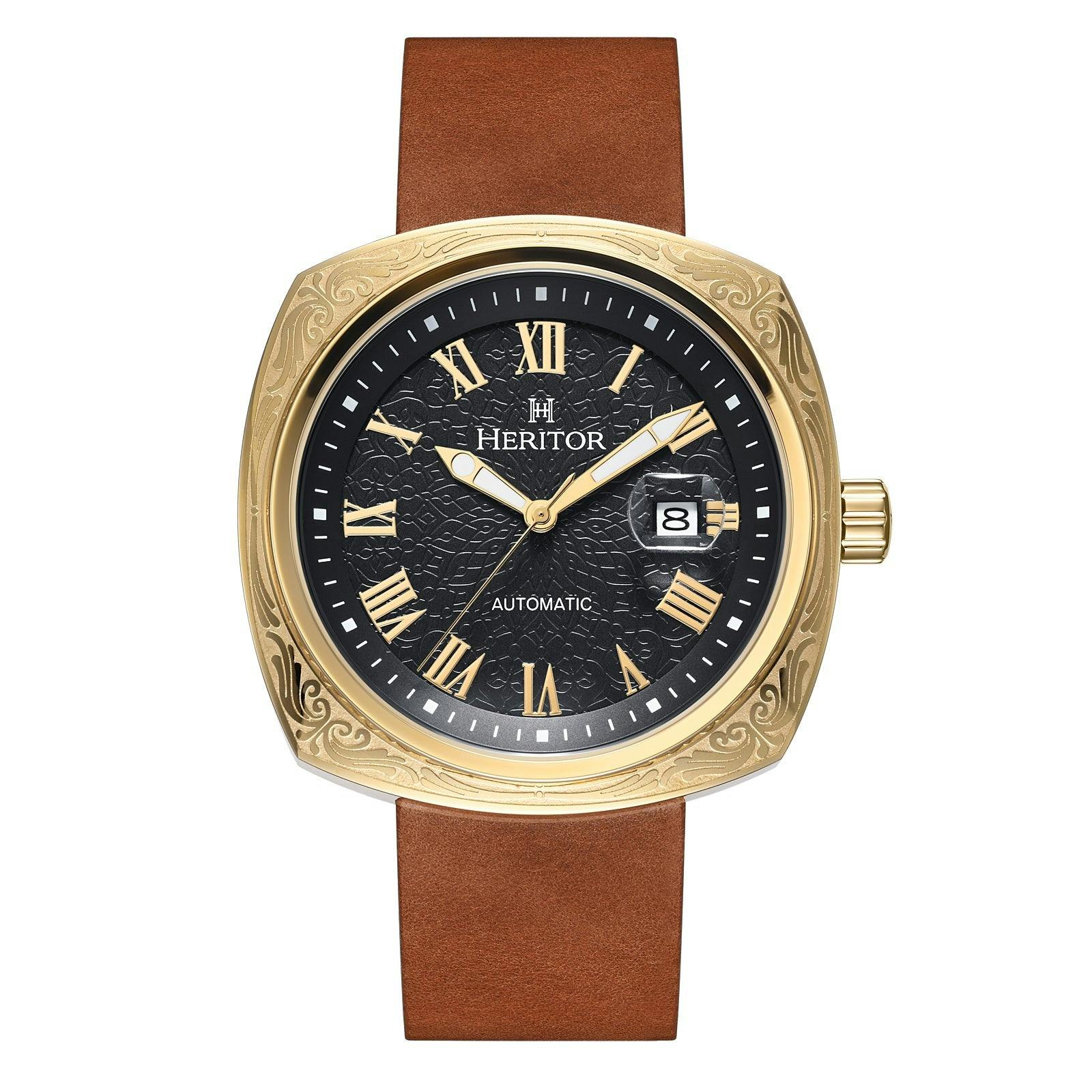 Heritor Automatic Gold/Brown Davenport Engraved-Case Leather-Band Watch W/ Date