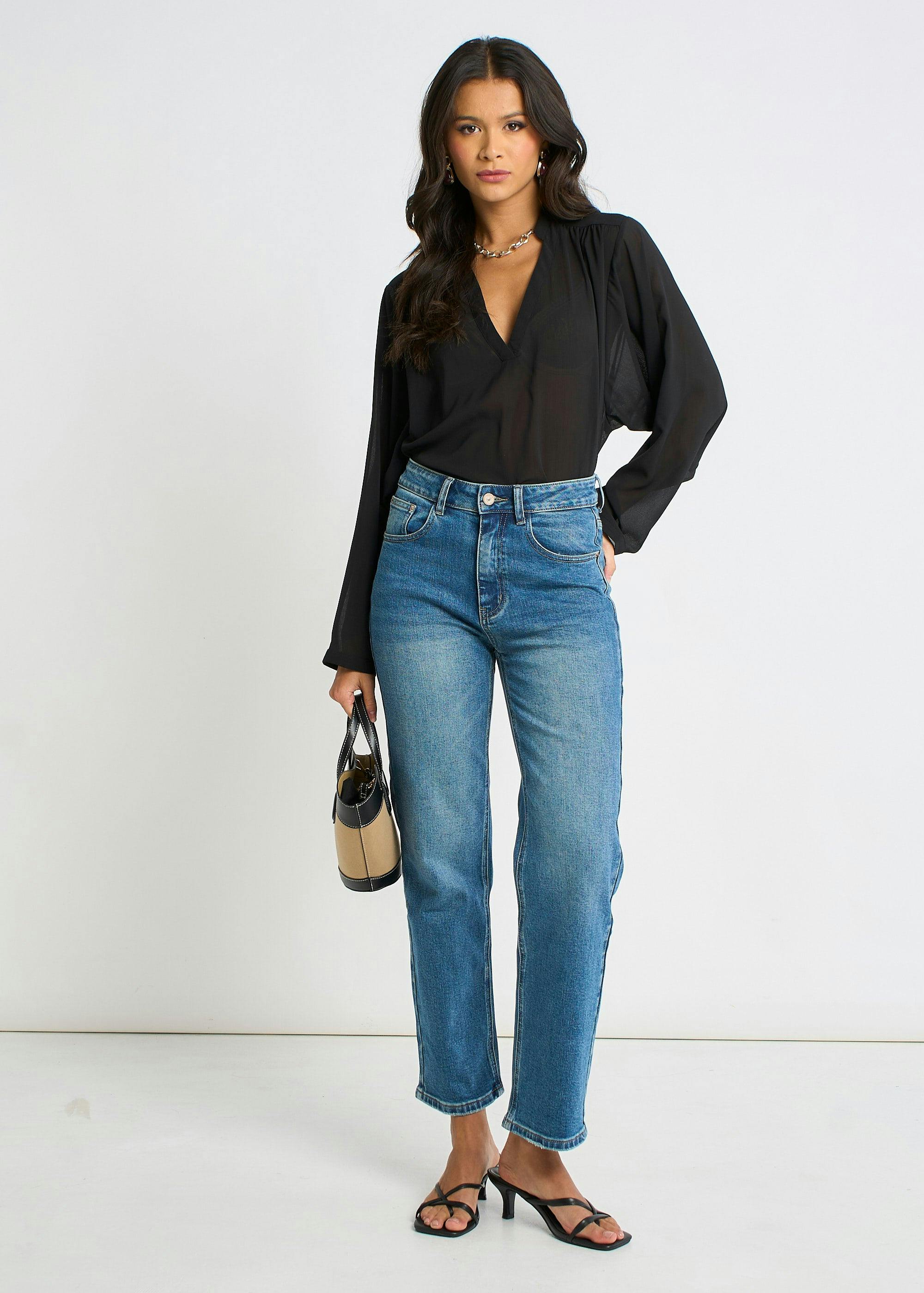 Gini London Black Textured Chiffon Oversized Blouse - S-M (Uk 8-10/Us 4-6/Eu 36-38)