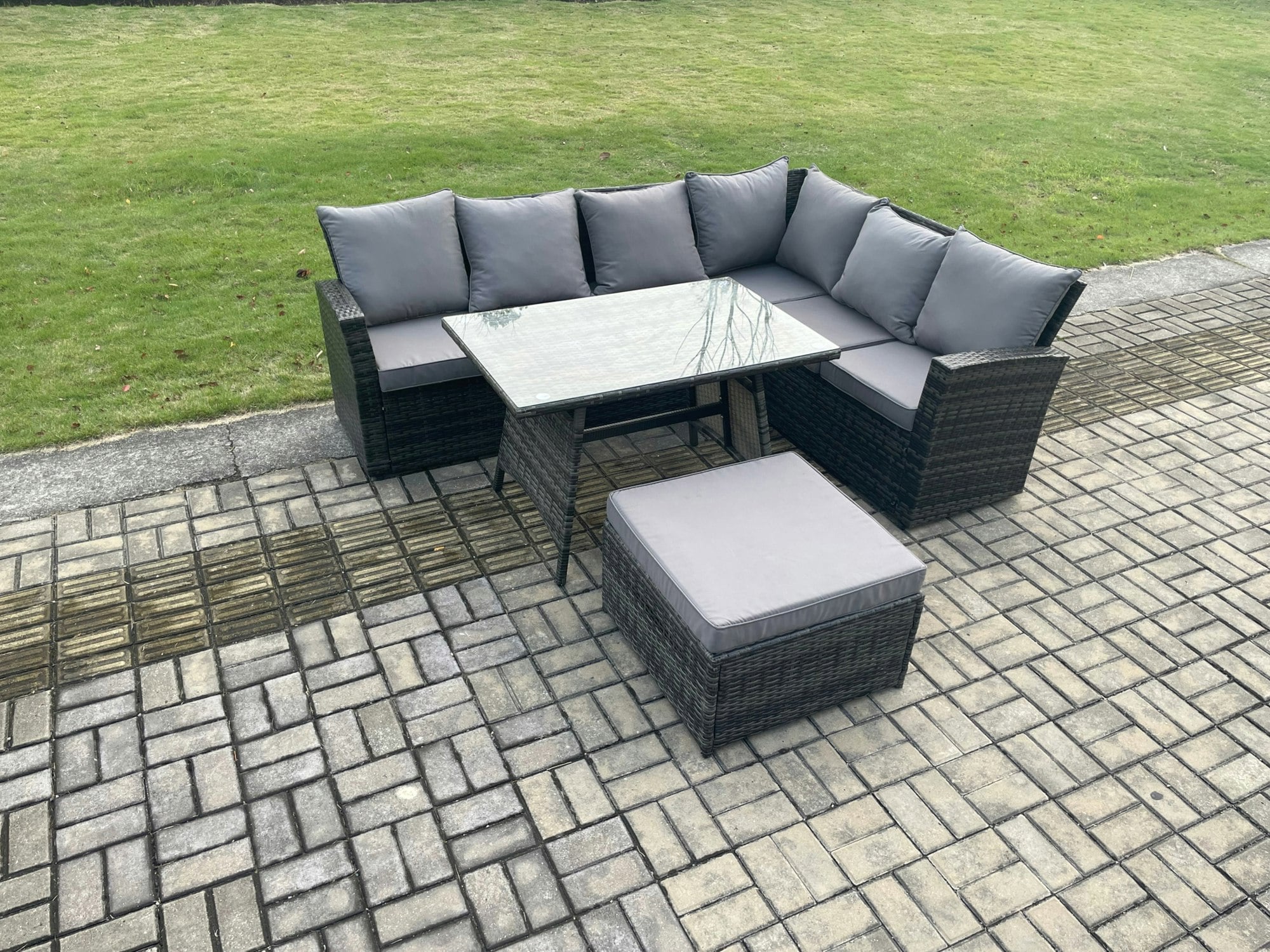 Rackhams Dark/Grey High Back Outdoor Garden Furniture Set Rattan Corner Sofa Dining Table Set With Big Footstool 7 Seater Mixed