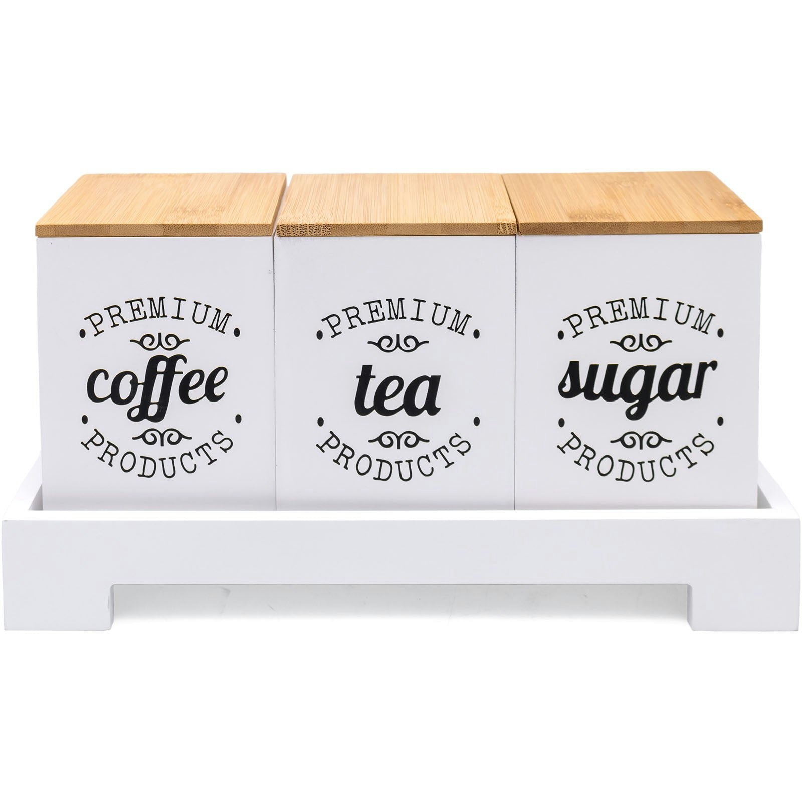 Maison Des Cadeaux White Tea, Coffee & Sugar Canisters (Set Of 3) With Bamboo Lids & Stand