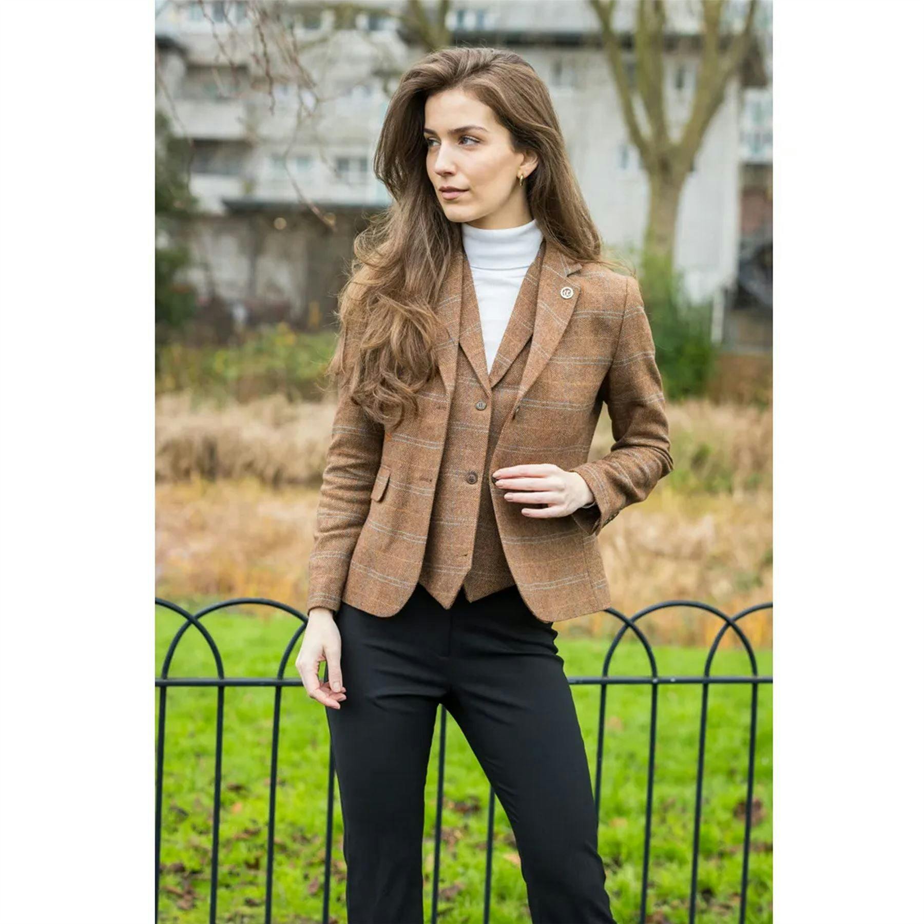 Truclothing Women's Brown Oak 2 Piece Set Tweed Blazer Waistcoat In Herringbone Check - Oak - Uk Xl/16 | Eu 42 | Us 12