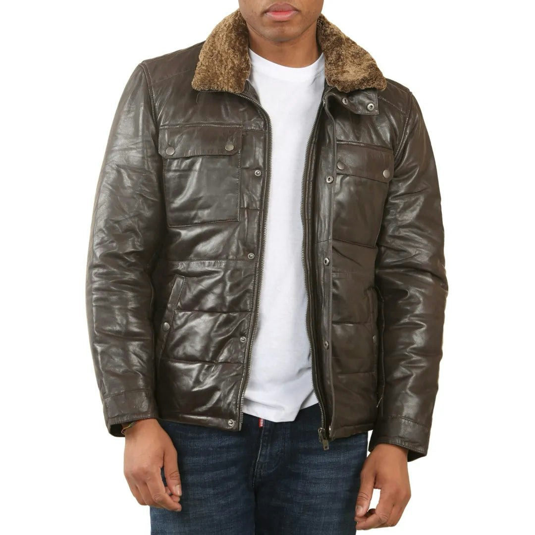 Infinity Leather Men's Brown Quilted Faux Fur Collar Leather Jacket - Large