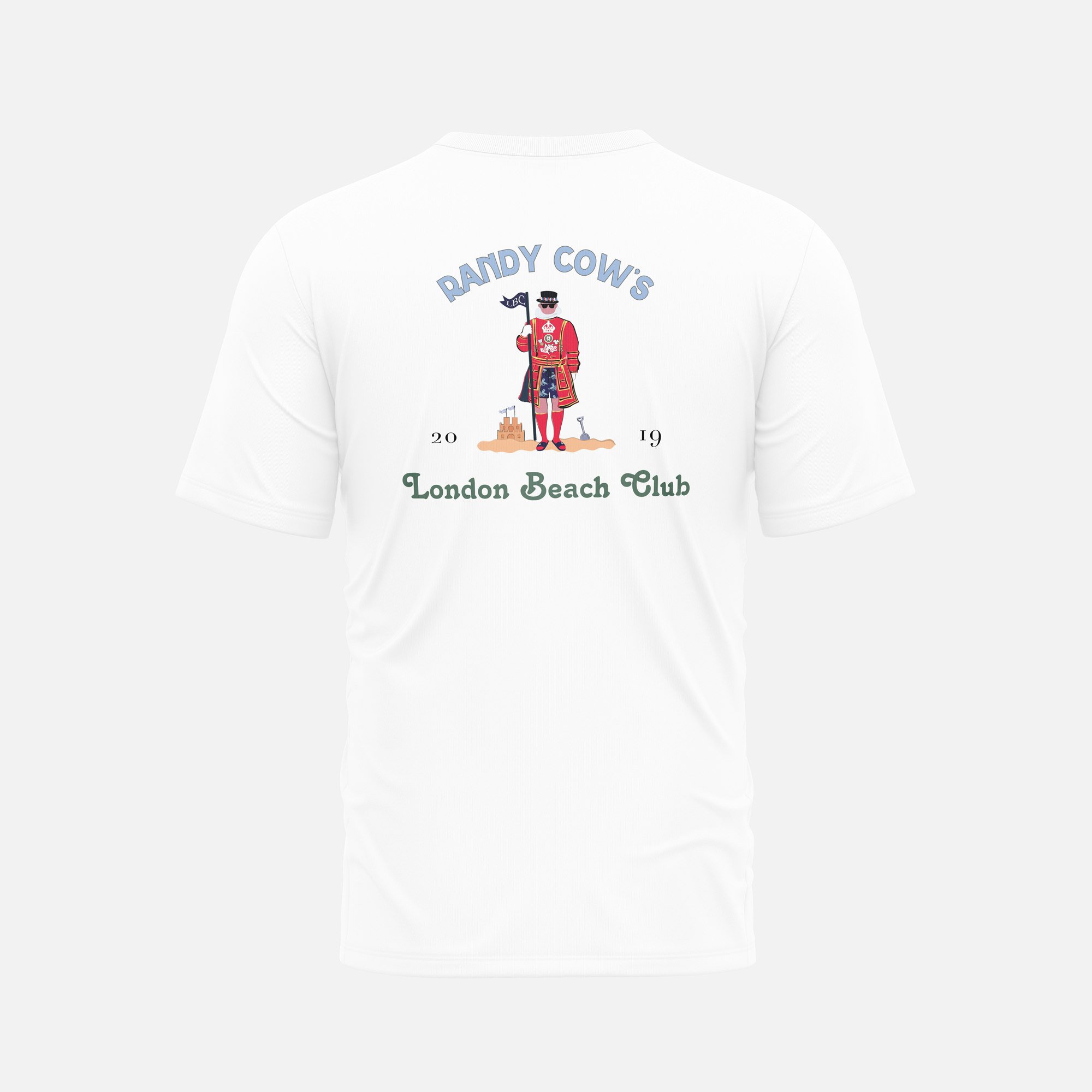 Randy Cow White London Beach Club Beefeater - Organic Cotton T-Shirt - 4 - With Back Graphic