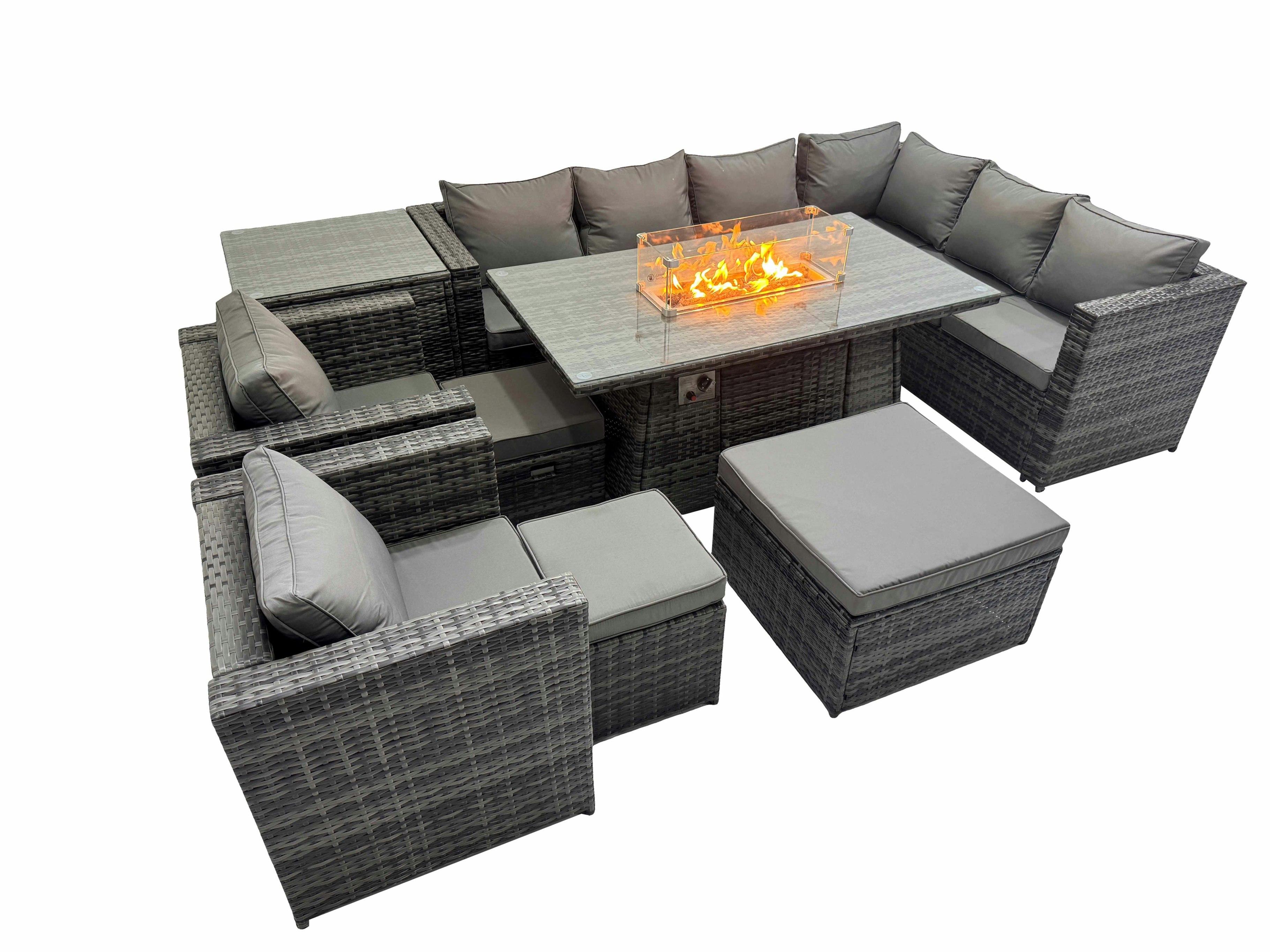 Fimous Dark/Grey Garden Rattan Furniture Set 11 Seater Outdoor Corner Sofa 2 Chair Gas Fire Pit Dining Table Set With 3 Stools Side Table