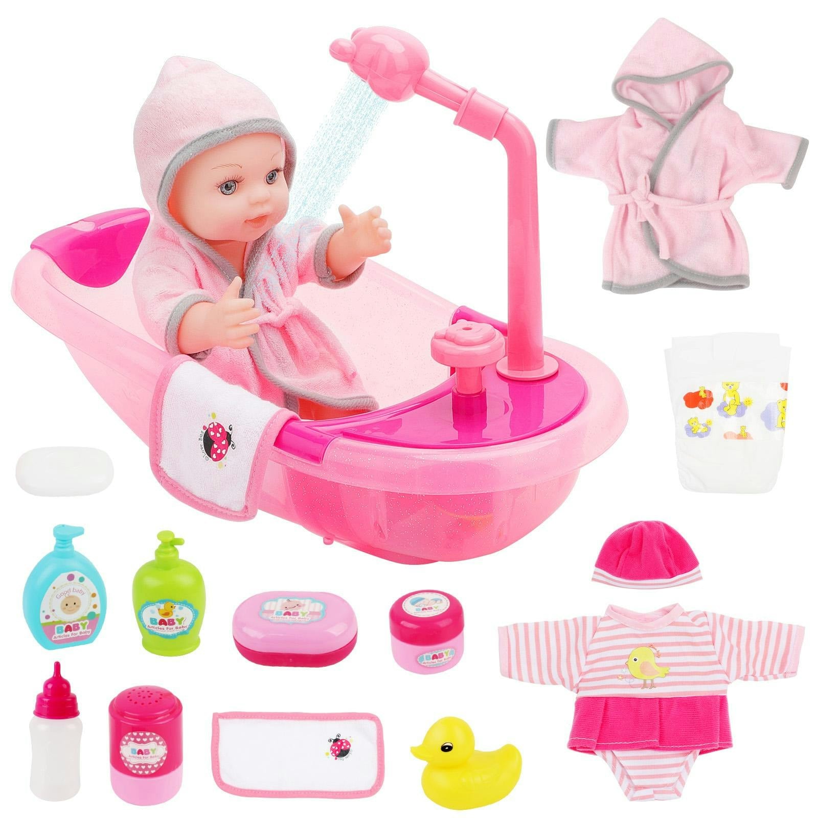 Deao Toys Pink Baby Doll Bath Set With Accessories 11Pcs Pretend Play Bathtub Toy Realistic Baby Doll, Bathrobe, Bathtub Role Play Set
