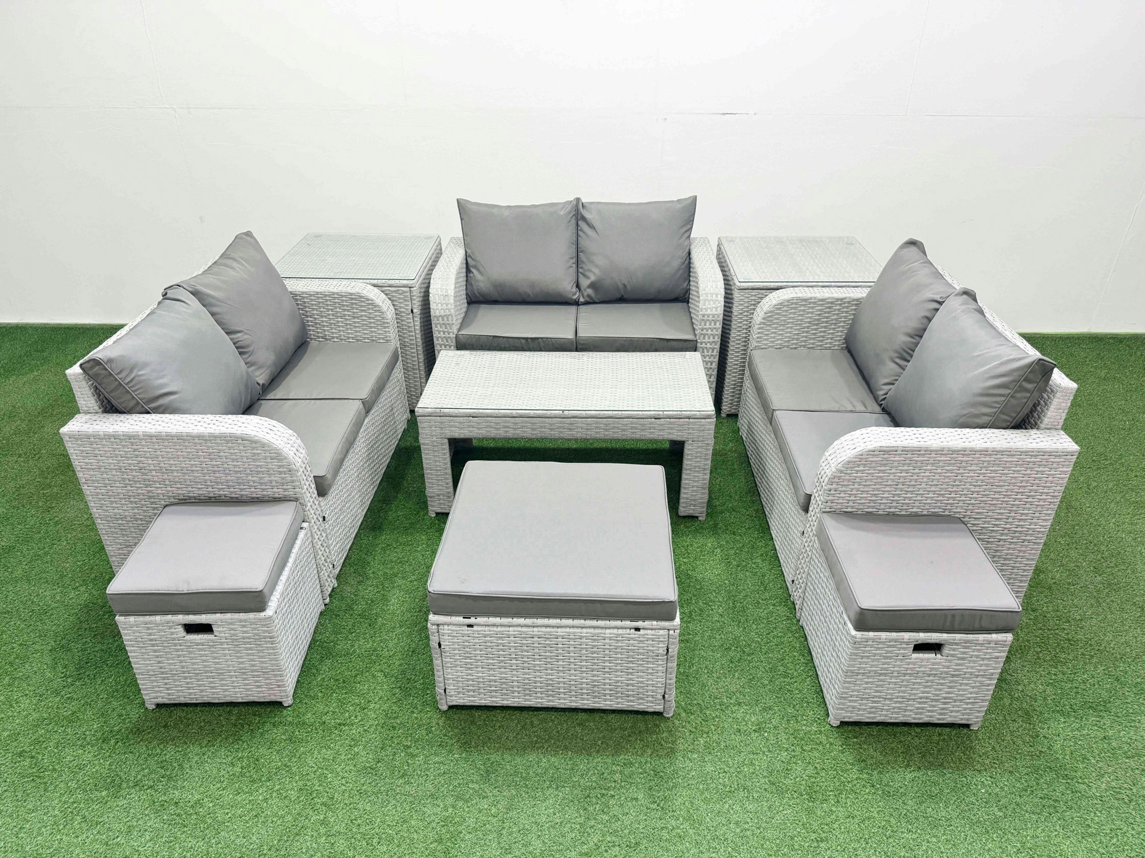 Fimous Light/Grey 9 Seater Pe Wicker Rattan Furniture Sofa Sets With Oblong Coffee Table 2 Seater Love Sofa 3 Stool 2 Side Table