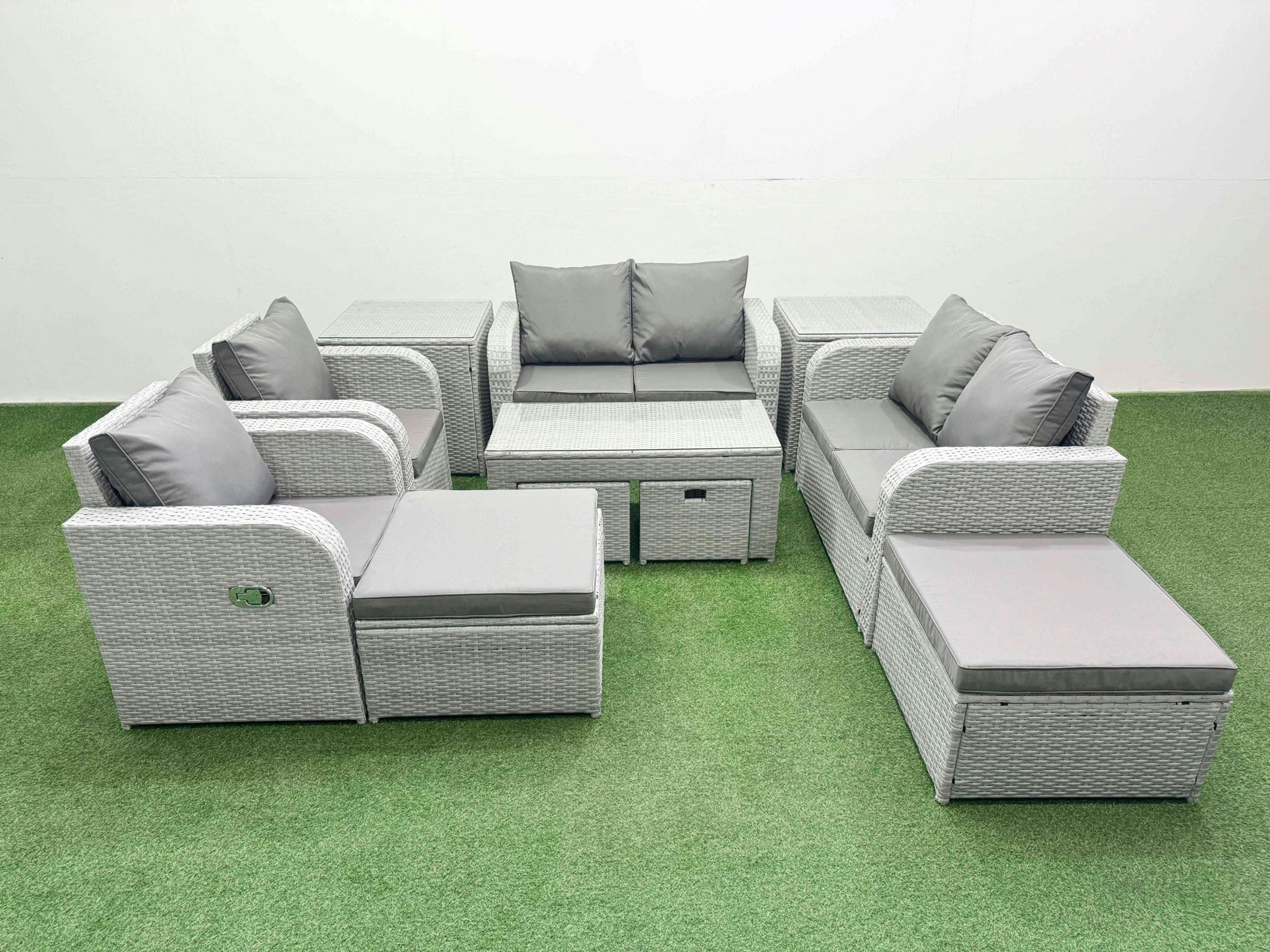 Rackhams Light/Grey Pe Wicker Rattan Furniture Sofa Sets With Oblong Coffee Table Love Sofa Reclining Chair 4 Stools 2 Side Table Mixed