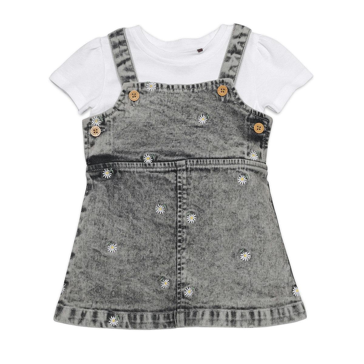 Mini Cuddles Women's Grey Baby Girls Daisy Embroidered Denim Pinny Set, - 18-24 Months