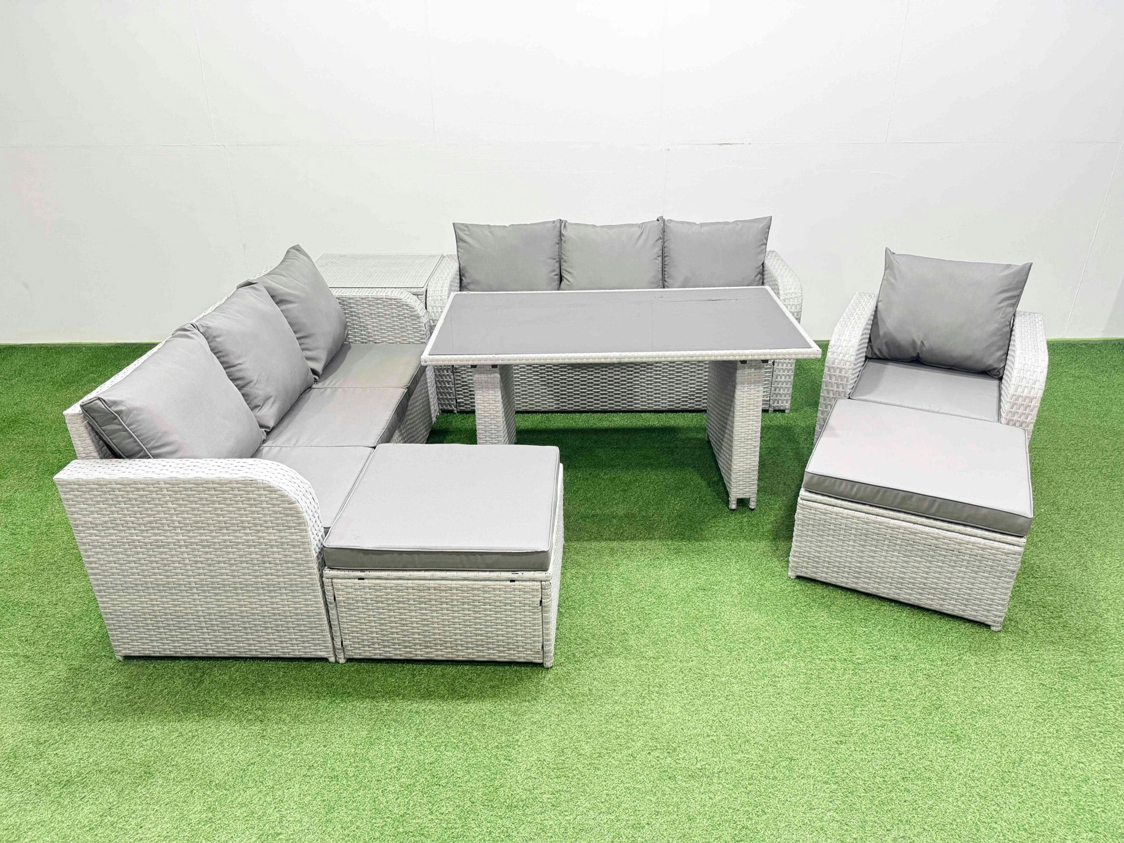 Fimous Light/Grey Rattan Garden Furniture Dining Set 9 Seater Patio Rectangular Table Sofa Set With Side Table 2 Big Stools