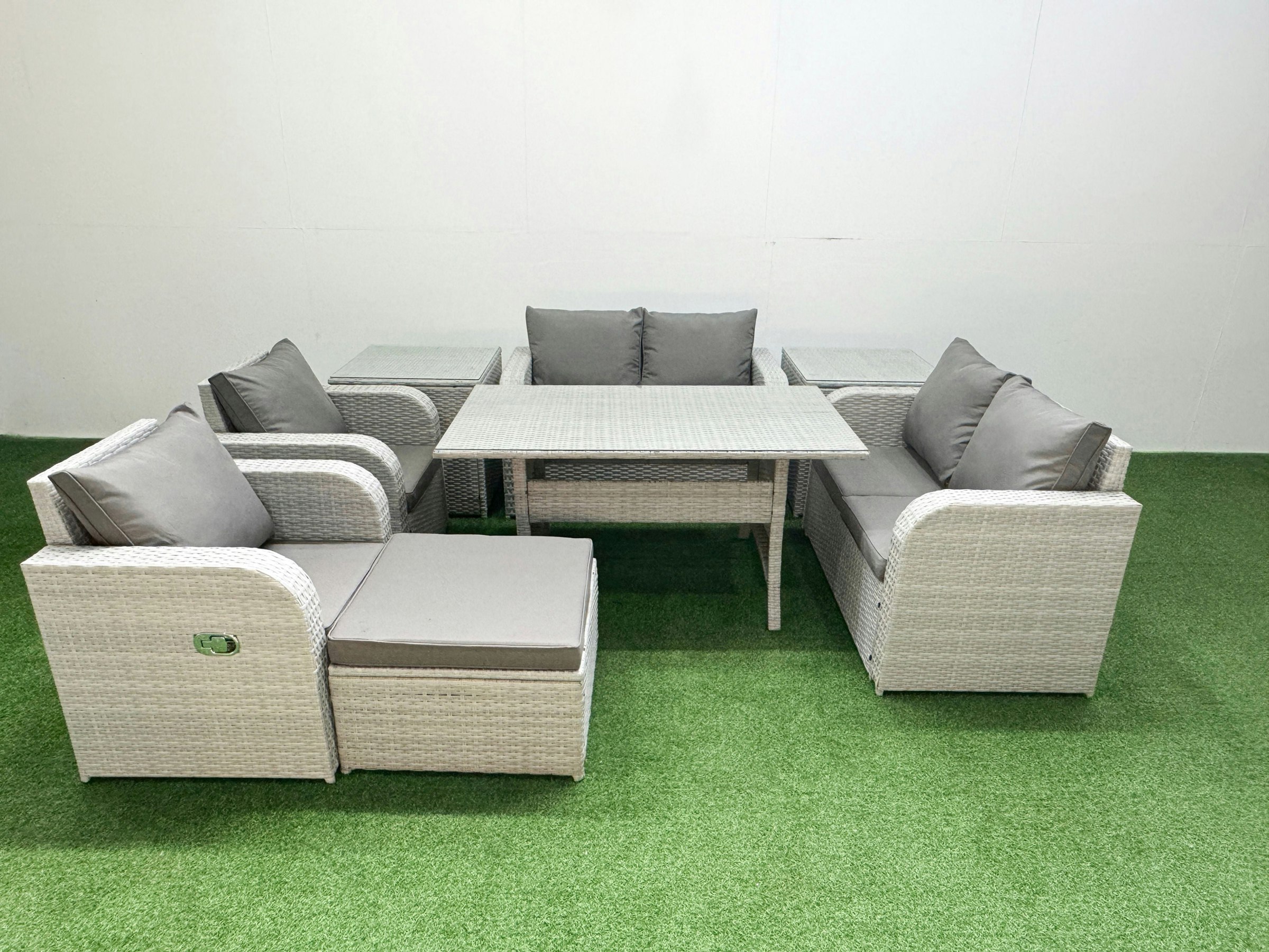 Fimous Light/Grey 7 Seater Outdoor Reclining Chair Love Sofa Set Rattan Garden Furniture Set With Rectangular Dining Table Footstool 2 Side Tables