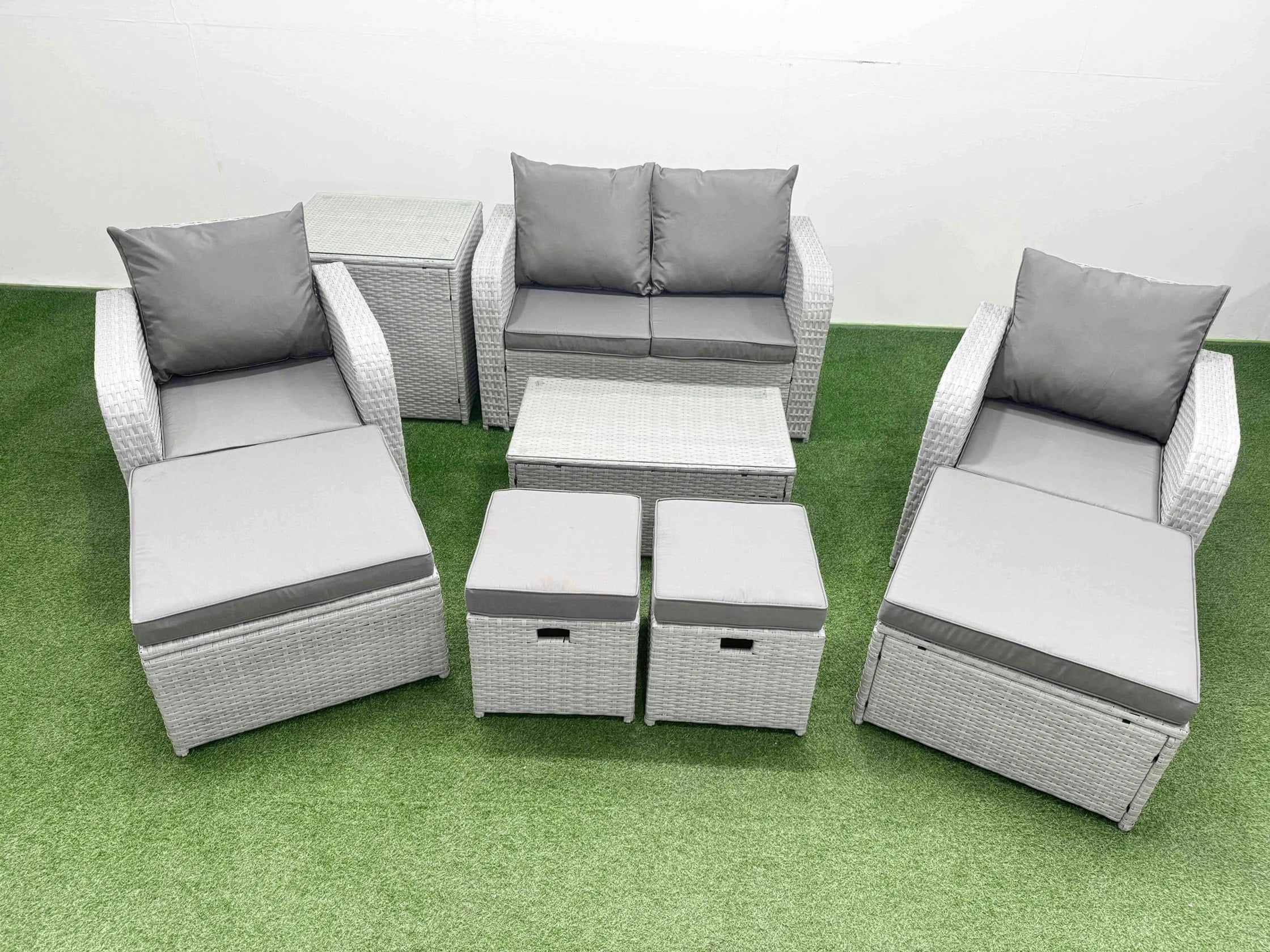 Fimous Light/Grey 9 Pcs Rectangular Coffee Table Set Reclining Chair Inclining Sofa Seat Side Table 2 Big Footstool