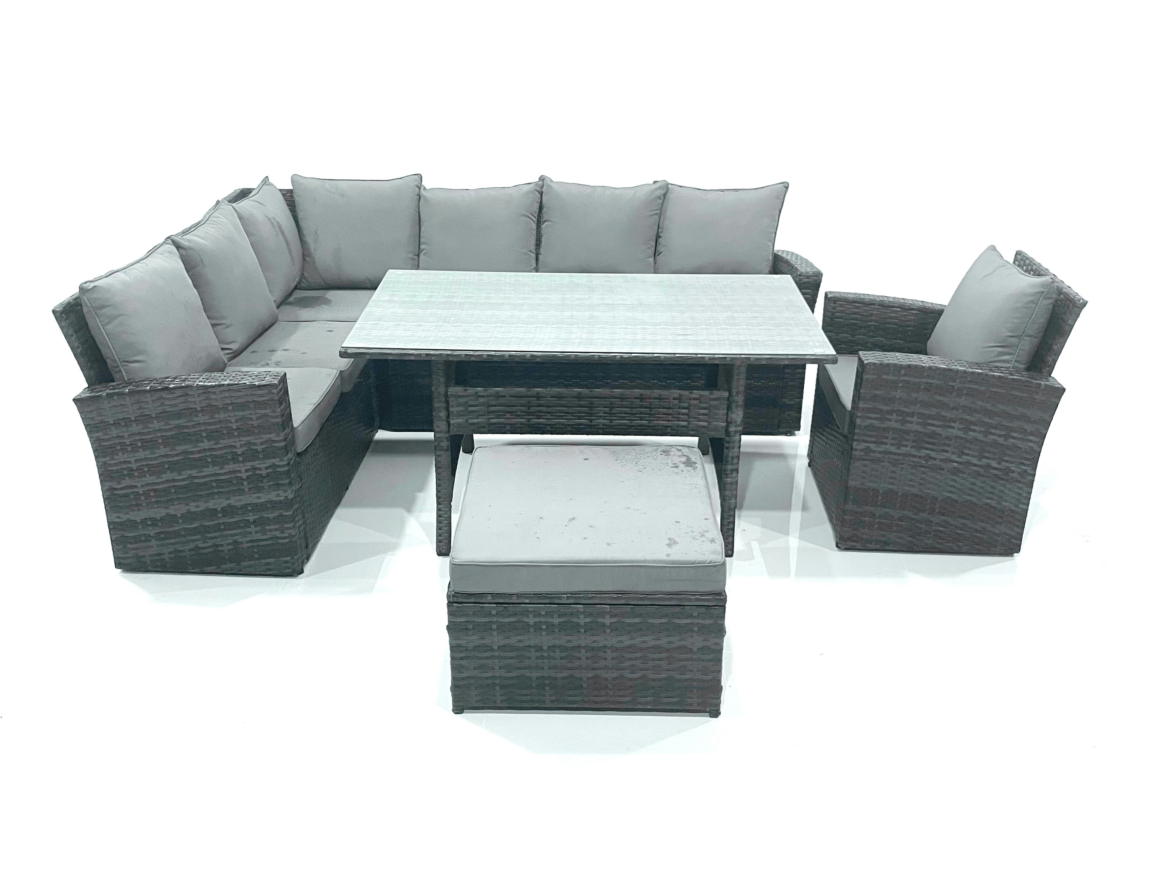 Rackhams Dark/Grey 8 Seater Garden Rattan Furniture Corner Dining Set With Big Footstool Indoor Outdoor Lounge Sofa Set Mixed