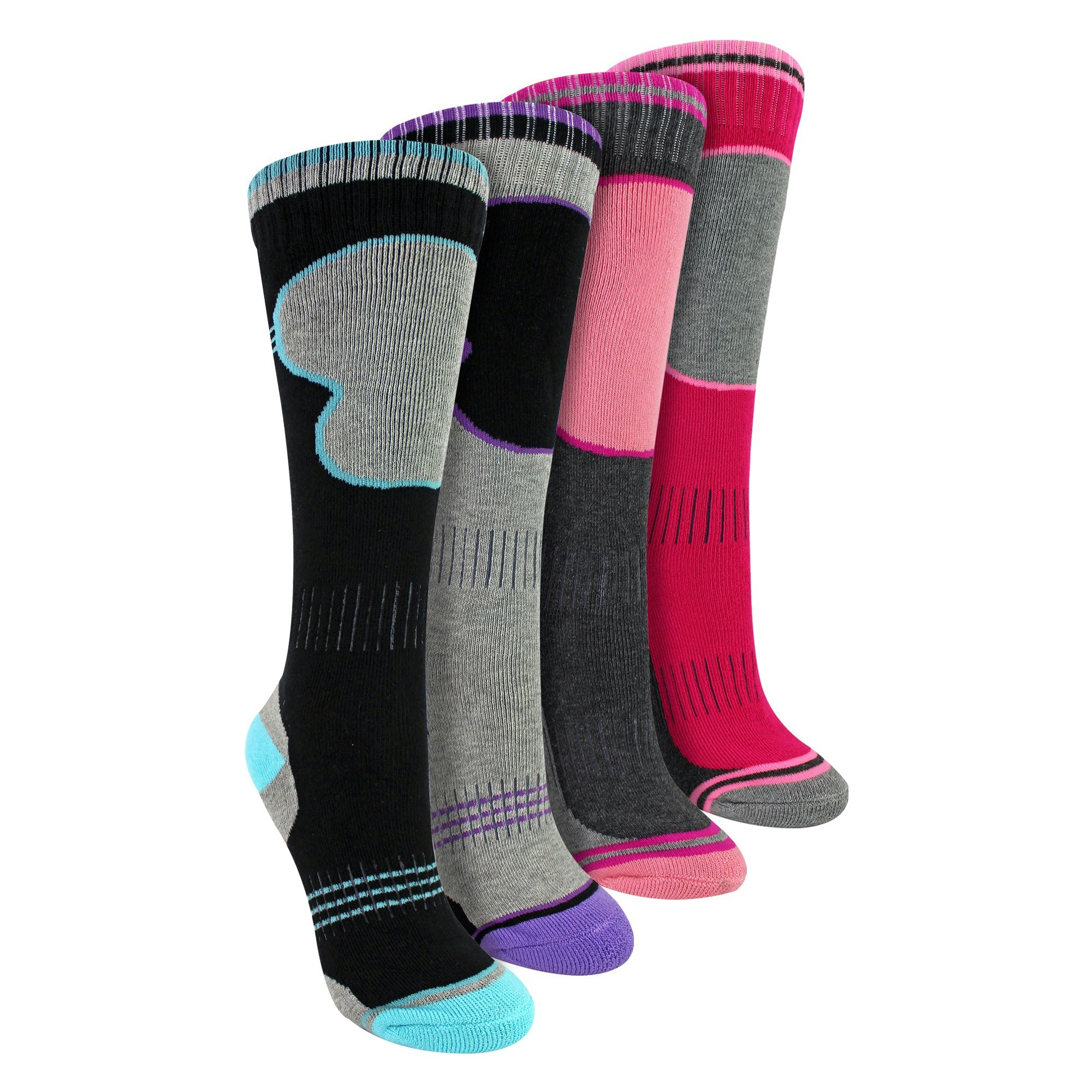 Sock Snob Girls 4 Pack Ski Socks | Thermal Winter Cushioned Socks For Kids - 7-10 Years - Assorted