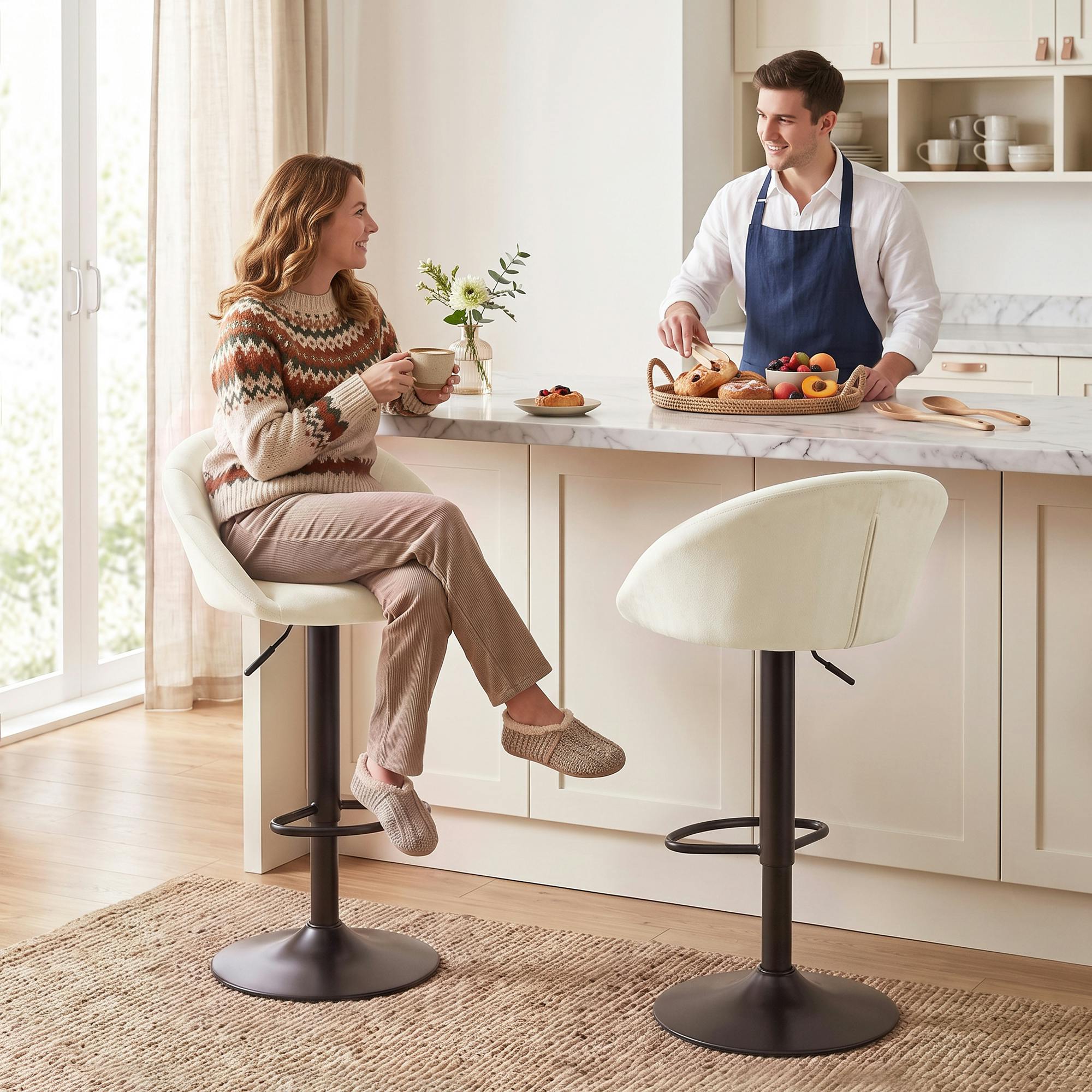Homcom Cream/White Bar Stools Set Of 2 Velvet Adjustable Swivel