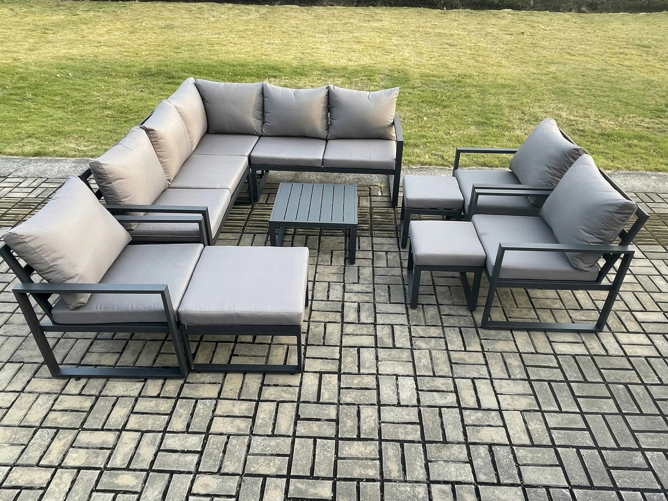 Fimous Dark/Grey 11 Seater Outdoor Aluminium Garden Furniture Set Corner Lounge Sofa Set With Square Coffee Table Chair 3 Footstools