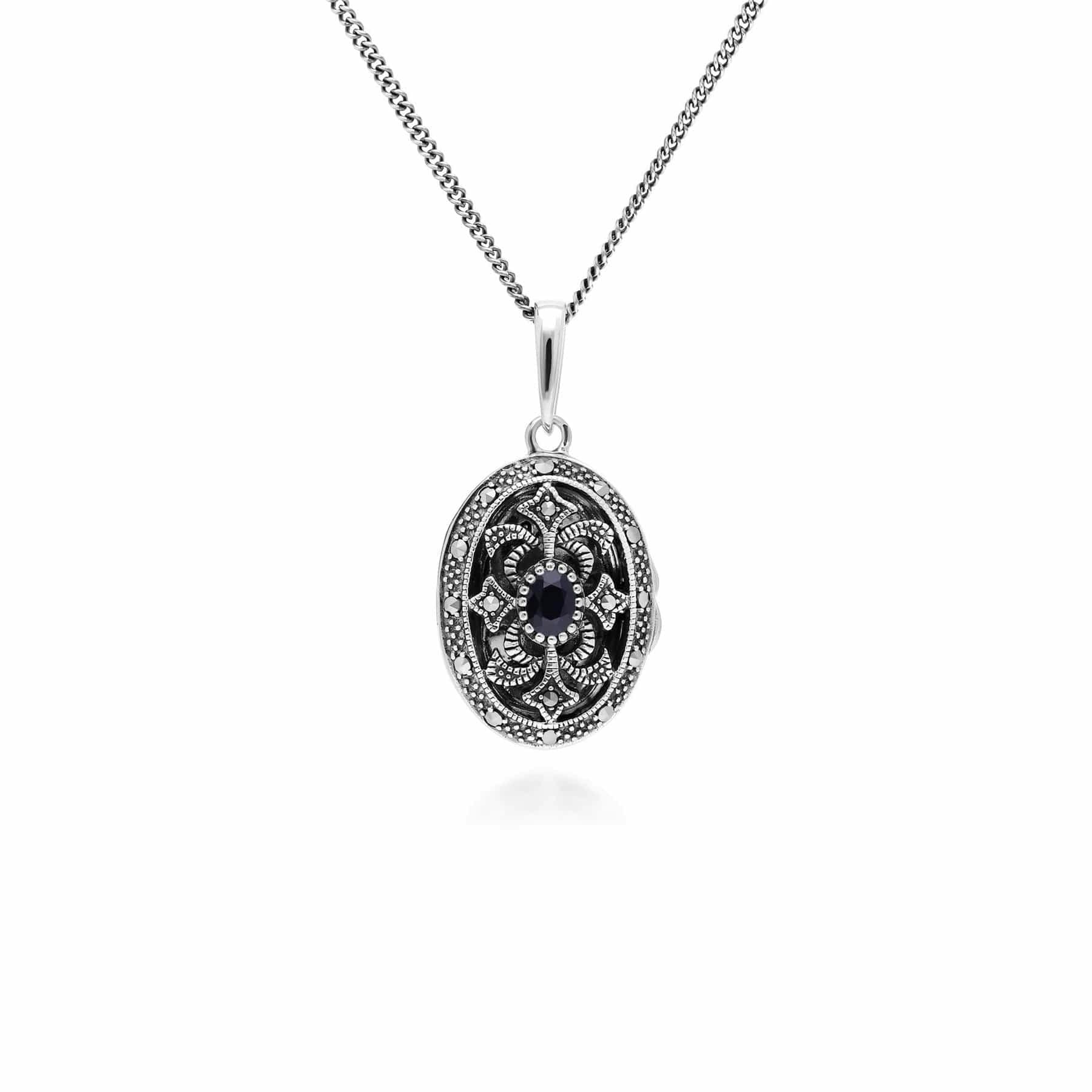 Gemondo Silver Art Nouveau Style Oval Sapphire & Marcasite Locket Necklace In 925 Sterling