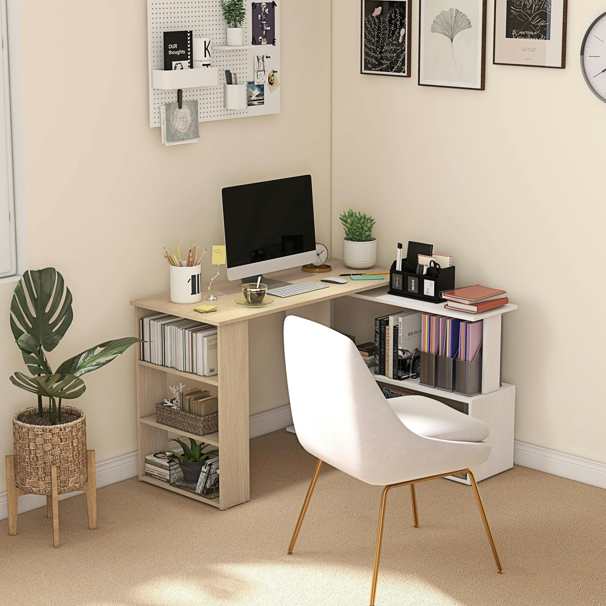 Rackhams White Corner Desk With Rotating Design And Bookshelf, Natural And