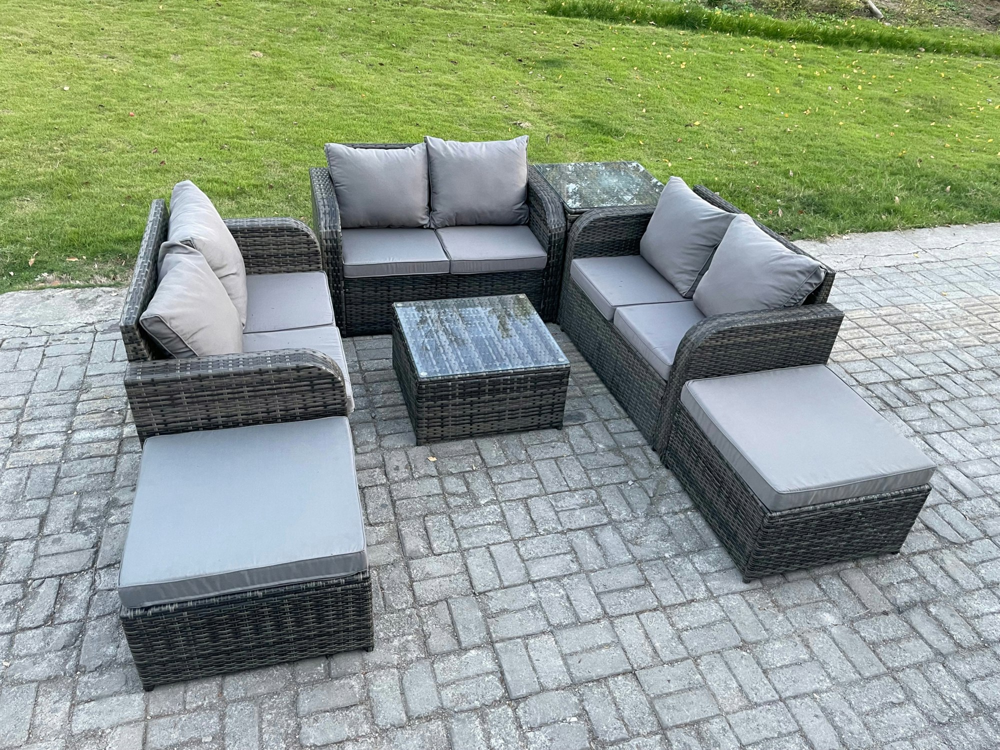 Rackhams 8 Seater Outdoor Garden Furniture Sets Wicker Rattan Furniture Sofa Sets With Square Coffee Table Love Seat Sofa 2 Big Footstool Side Table