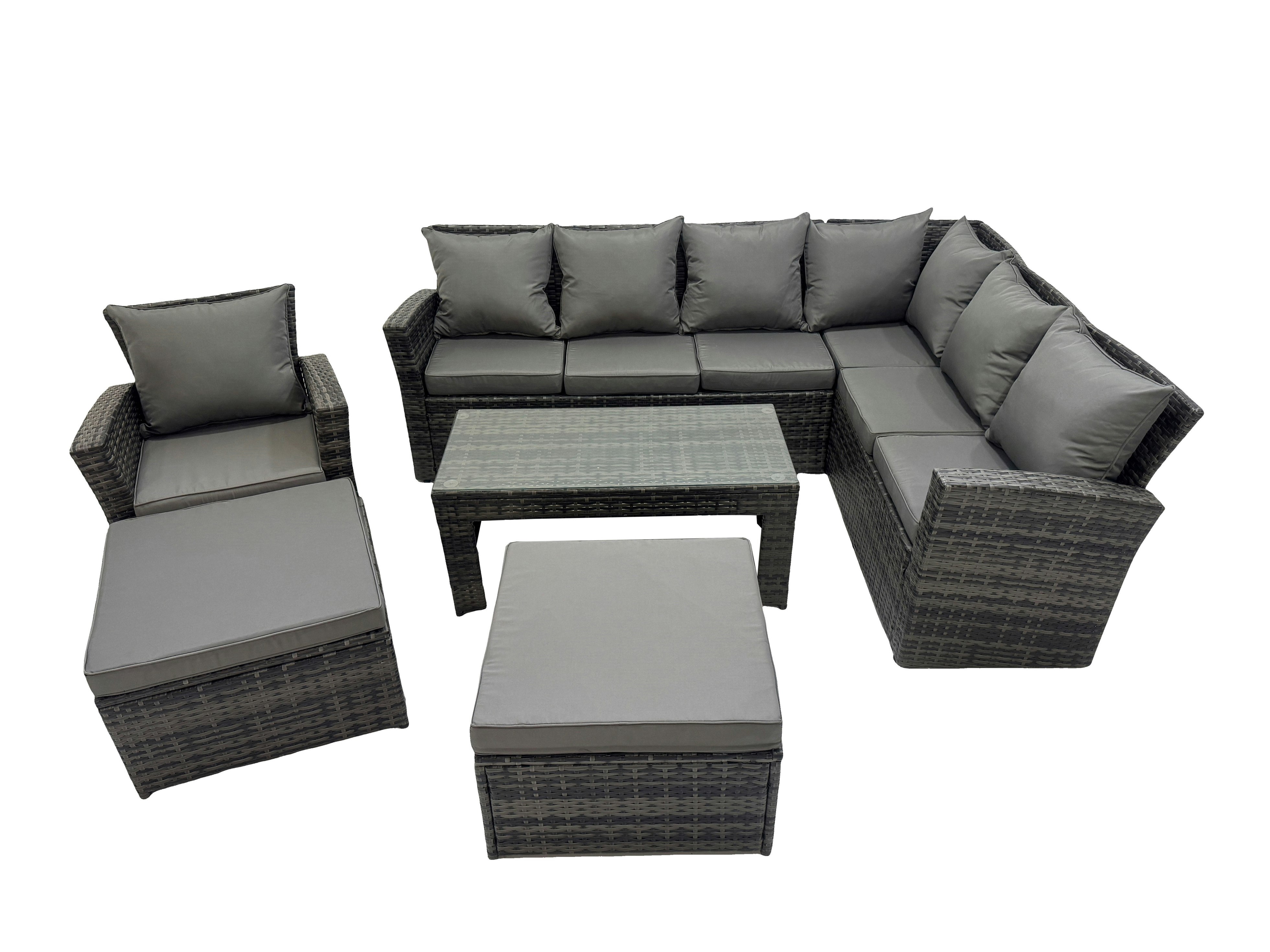Rackhams Dark/Grey Rattan Garden Furniture Set 6 Pieces Outdoor Garden Sofa Oblong Coffee Table Set With Chair 2 Big Footstools Mixed