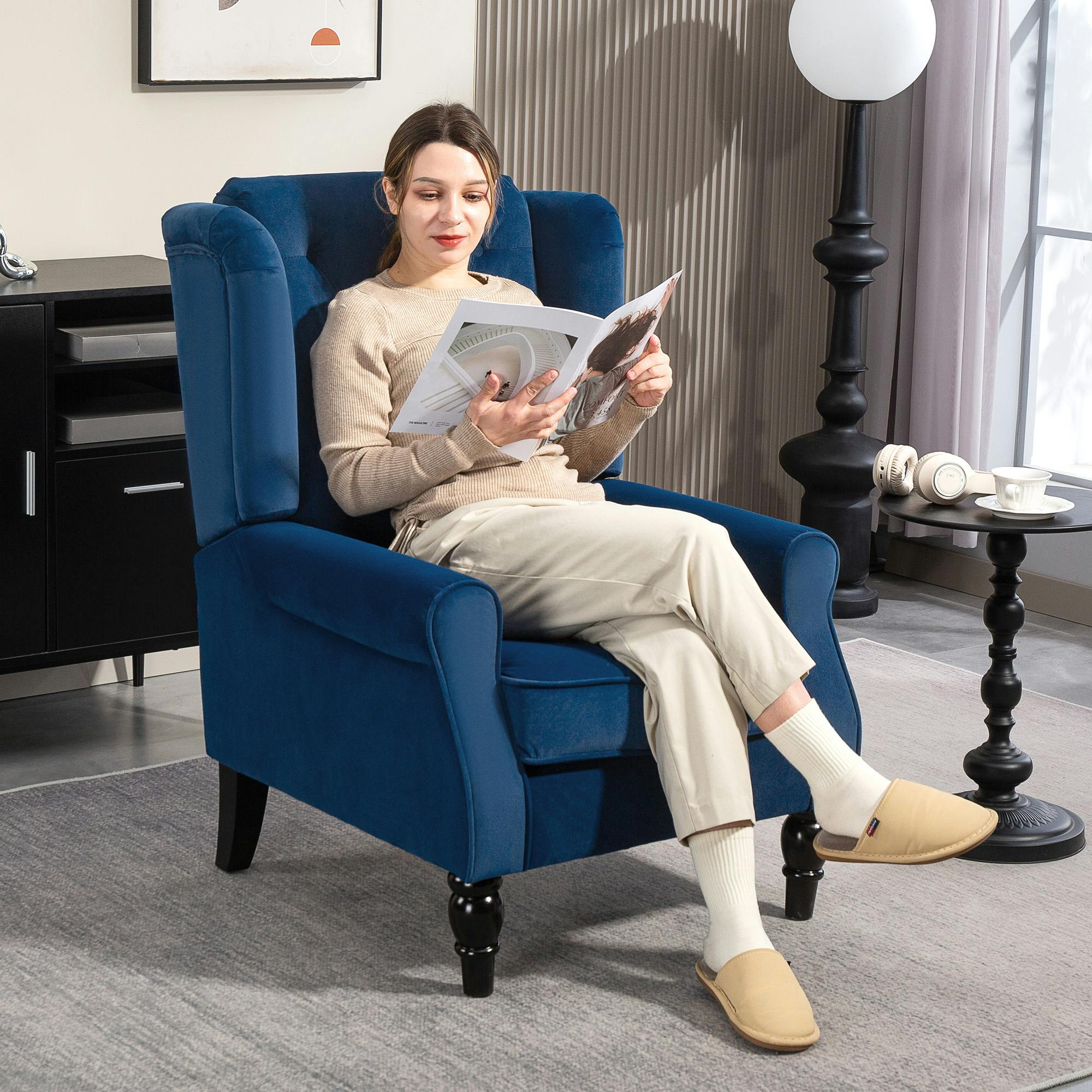 Homcom Wingback Accent Chair, Velvet Armchair With Thick Spring Cushion, High Back, Solid Wood Legs, Retro Button Tufted Reading Chair For Living Room, Bedroom, Blue - Image 3