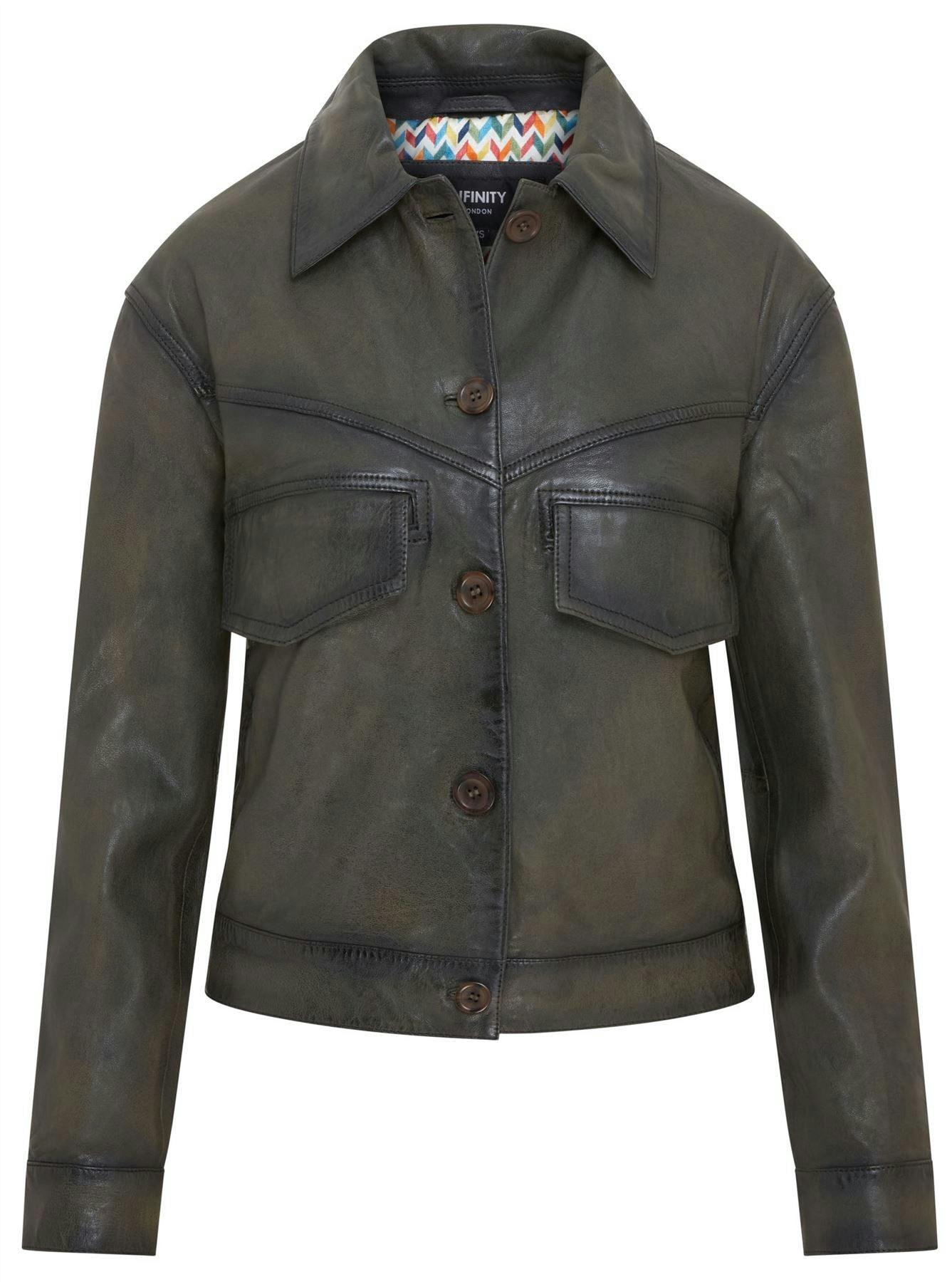 Infinity Leather Women's Retro Biker Leather Jacket - Kopervik - Olive - Uk 3XL/20 | Eu 46 | Us 16